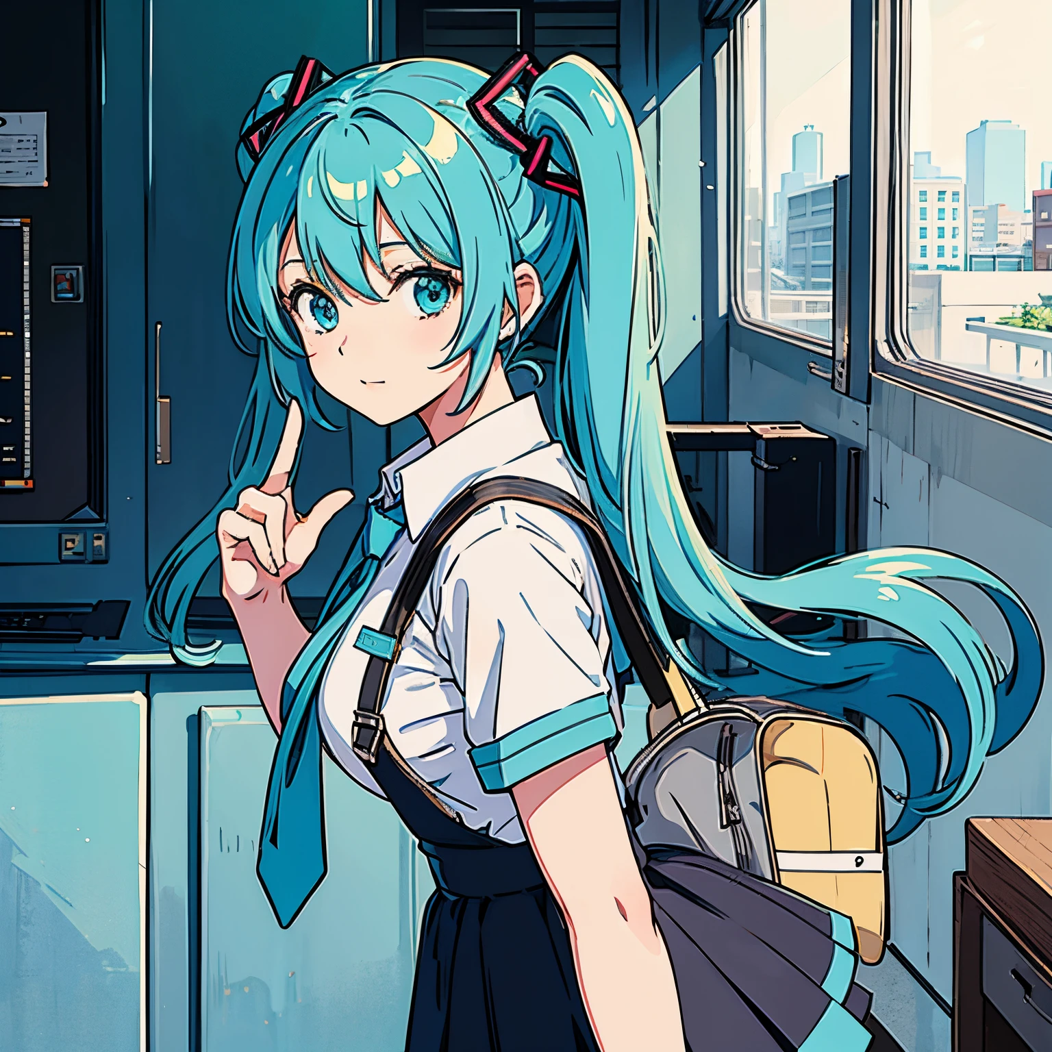 miku hatsune,ers old,a school bag,School route,Looks Back,Beautiful breasts