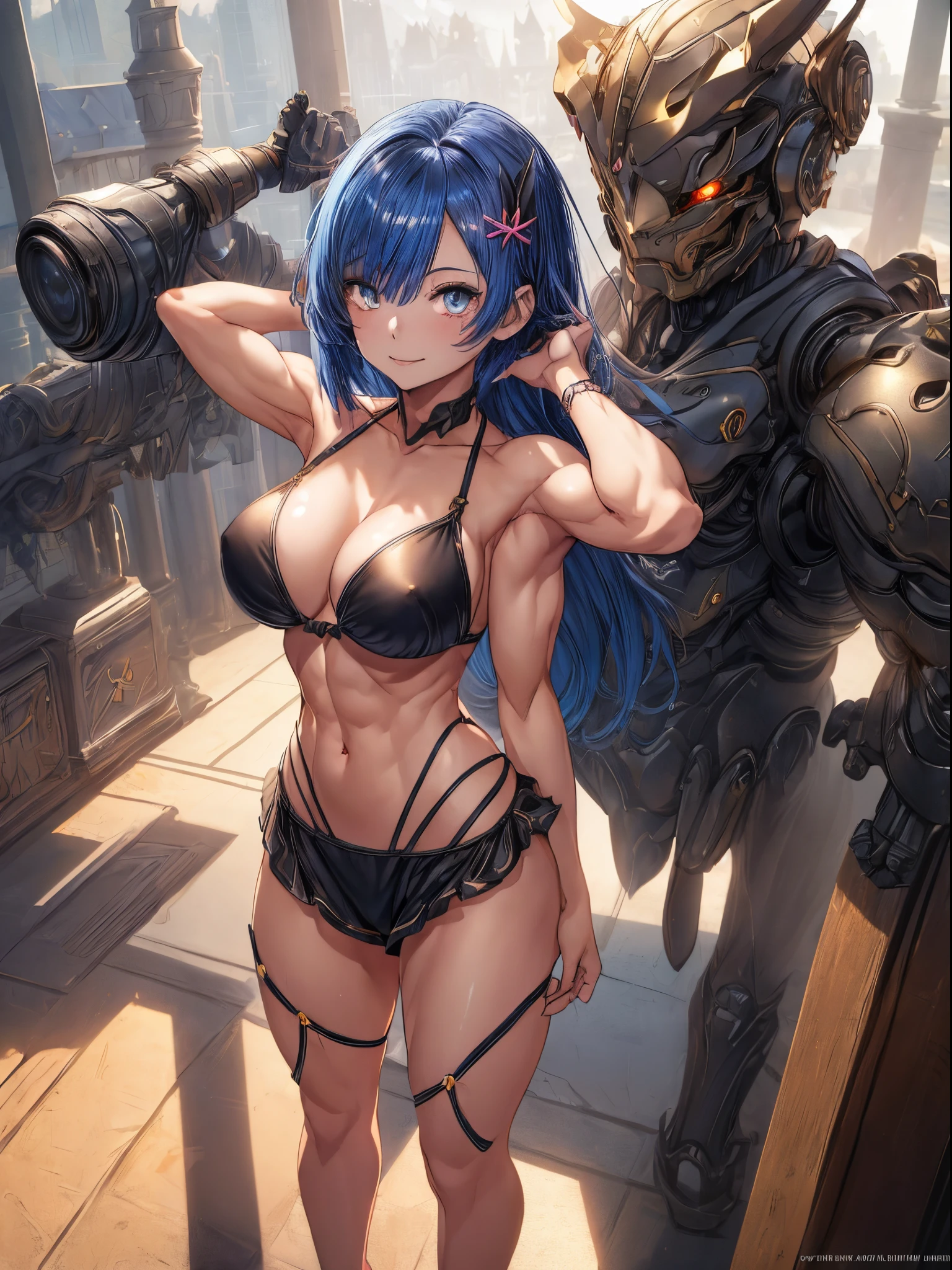 (((1 girl))), (master piece, best quality;1.3), ultra detailed, Looking at Viewer, castle, standing, smiling, Rem_ré_zero, blue hair, short hairstyle, very short and sexy bikini, hair ornament hair, cleavage, ribbon, muscular legs, muscular belly, lean defined arms, medium to large breasts, full body photo, barefoot, eye reflection, glowing eyes, anime, anime style, cinematic lighting, ray tracing, panorama, Sony FE , UHD, masterpiece, accurate, anatomically correct, super details, high quality, high resolution, HD, 16k