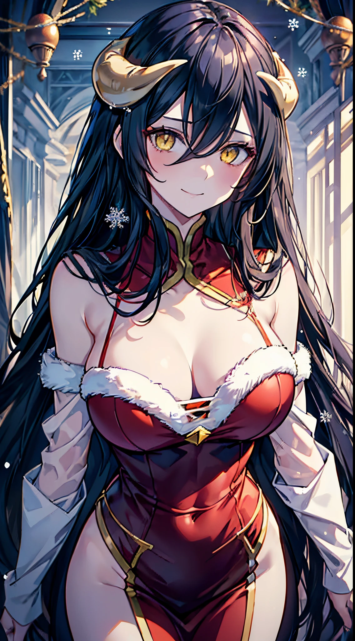 (masterpiece, best quality) woman, (big breasts), solo, Albedo from "Overlord", yellow eyes, horns, long hair, black hair, smiling, (slim body, very thin waist), (red Christmas dress, Christmas clothes ), (standing) looking at viewer, 16k, sharp focus, dramatic lighting, drop shadow, anime style, shine, anatomically correct, beautiful detailed face, beautiful detailed eyes, High Detail Skin, Visible Pores, sharp focus, colorful, delicated facial features,Facial feature, hair between eyes, snowing forest, snow, christmas