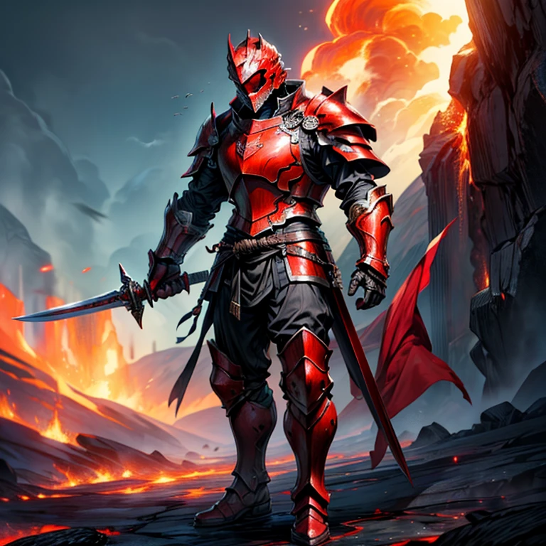 (masterpiece,High quality,Top quality,super detail, best quality ,)1man,Wearing red armor,holding a red sword,lava,Hide your face with armor,full body,knight Hd, fantasy