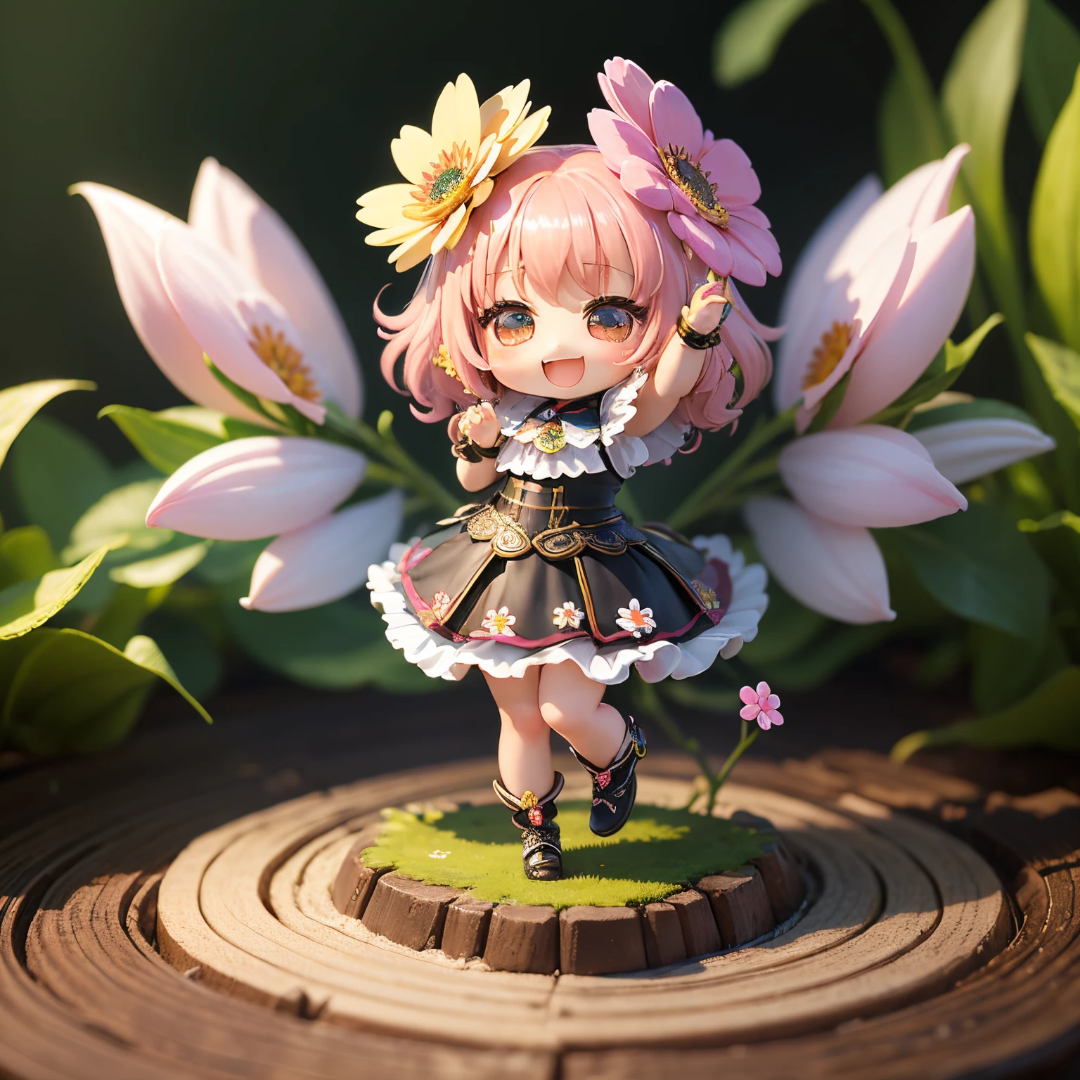 masterpiece、top-quality、ultra-detailliert、(Chibi character flower spirit:1.3)、Flowers made of transparent giritail forest waterfall、Lightning、Open your mouth and smile、Full-body standing figure、Jumping Kick