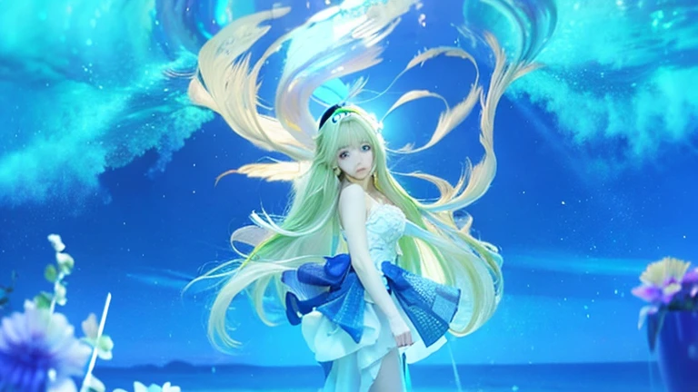 1girl,Rena erindel,long hair,very long hair, light green hair,green eye,side swept Bangs, white dress, realistic,ultra detail,simple background