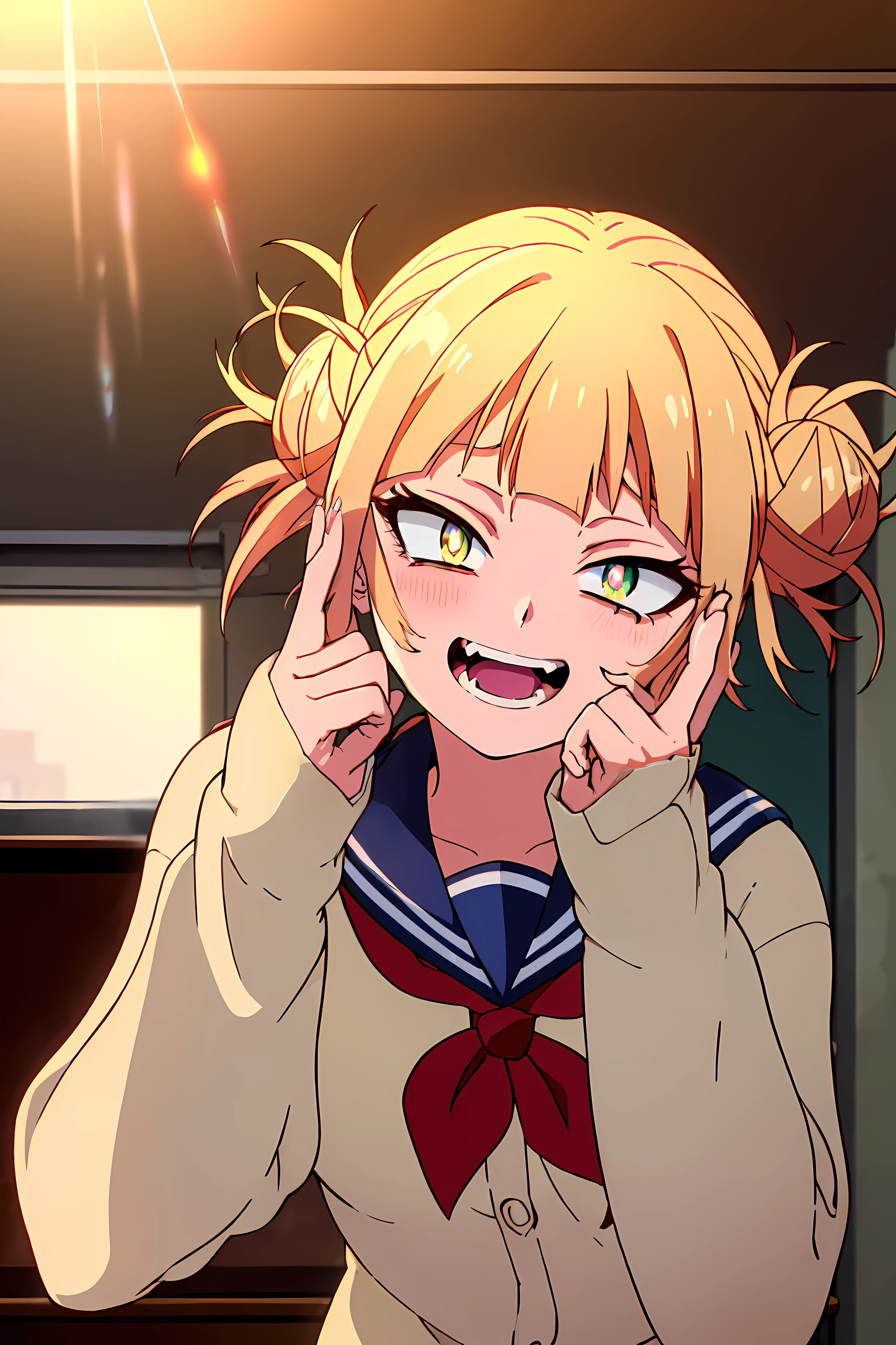 (top-quality,​masterpiece,Anatomically correct,Full limbs,complete fingers,Precise fingertip detail,8K),(9 0 s anime style,cel shaded anime),Photorealista,(1人の女性:1.5),
 (Himiko Toga:1.52),aqua eyes, bags under eyes, blush, Open mouth, 牙, (Short stature:1.12), (Cardigan:1.2), blue sailor collar, Long sleeves, school classrooms, Official Character Art, official artwork, 
(Dynamic Boxing Pose:1.25), 1 girl, Beautiful face, Intense lighting),raw, 1 girl, ((rage)), Color Theme Red, Dramatic light, Violence Everywhere, Bloody destruction of corpses in the background, Dark and blurry background, (joyous expression:1.4), (Raging Eyes:1.2), ), Mental breakdown, intimidation, Ways to harm, (irate:1.4), revenge, rage, destruction, murder, Maniacal,magician, spell magic, Magic Circle, ((magic in hand)),(using light magic:1.14),water magic, imaginative overlays, artistic fusion,fantastical scenes, evocative narratives, striking visuals,
(radiant eyes),ultradetailed eyes, ultradetailed eyes, Shine created by concentrating the eyes,Sky Blue Lens Flare:1.7),(Luminous Eyes:1.17),(Raging Eyes:1.48),(joyous expression:1.25), Color Theme Red,octane renderings, nffsw,Rainbow Paint Drop,Paint Teardrop, Woman made up of paint, entirely paint, (Cinematic background),Splat, Splash, Indoors,Dark and blurry background,floating in sky,a closeup,dynamic ungle,the setting sun,Park at night, (The best lighting,extremely delicate and beautiful),beautiful detailed brilliance, (softlight:1.2),(Soft lighting in gold tones),,Warm and soft lighting,Dramatic light,((ciinematic light)), (Cinematic Masterpiece),(Cinematic headlight),Ambient Occlusion,ambient lights,intensely,Powerful,splashes of colour absolutely eye-catching,((coustics)),ray trace reflection,with light glowing,Happiness