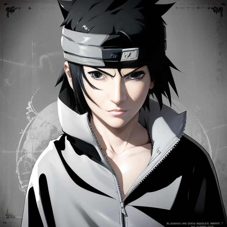Make the image of Sasuke Uchiha how is it in the manga, image, in black and white and black jacket