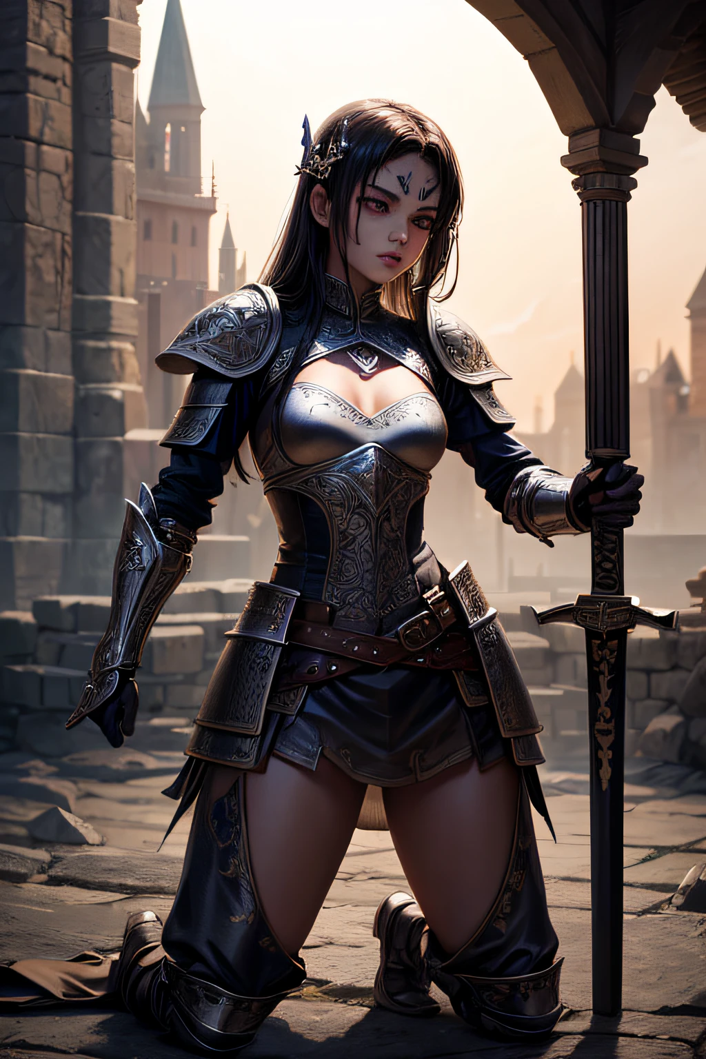 young teen girl, ancient knight, wielding a sword, medieval armor, evil look,,combat stance, facepaint, bodypaint, sexi, small breasts, medieval castle background, highly detailed, vibrant appearance, creative behavior, extremly detailed, imaginative, sensual, spontaneous, highest quality, skin texture, intricate details, (cinematic lighting), RAW photo, 8k, masterpiece,best quality,ultra-detailed,very detailed illustrations,extremely detailed,intricate details,highres,super complex details,extremely detailed 8k cg wallpaper,