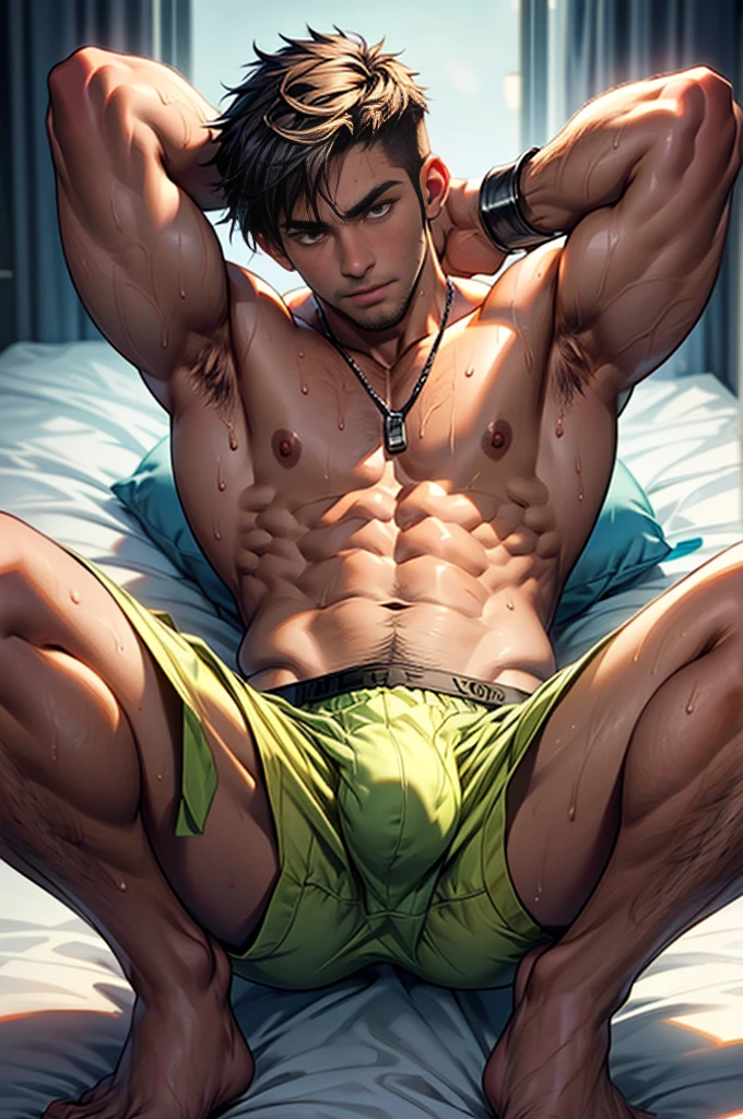 (masterpiece,best quality,8k,ultra-detailed:1.3),1boy,spread legs,hands behind head,shackles,handsome,muscular,(underpants,big bulge),on bed,tan skin,short hair,detailed beautiful eyes,sweat,humid