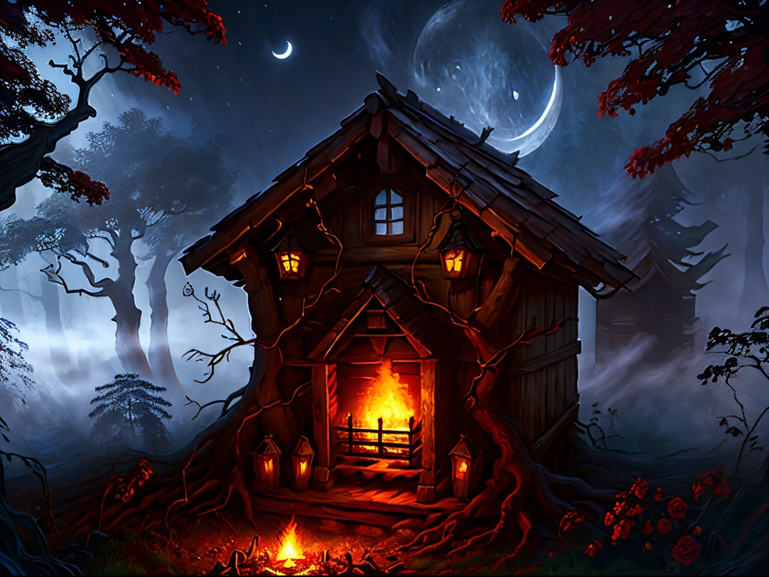 best quality,4k,8k,highres,masterpiece:1.2,ultra-detailed,realistic,photorealistic:1.37,Baba Yaga,Slavic Fantasy,enchanted forest,foggy atmosphere,old and crooked wooden cottage,witch's house,sinister presence,dark and mysterious,crumbling walls and roof,ancient magic,crooked chimney,human-like chicken legs,smoke rising from the chimney,ominous hut,crimson flowers and berries,whispering winds,hidden secrets,gnarled trees,spiderwebs glistening,moonlit sky,glimmering moon,shadows lurking,dancing fireflies,rustling leaves,crackling twigs,creepy ambience,golden key,guarded entrance,wooden fence,tangled vines and roots,spectral creatures,glowing eyes in the darkness,thorny brambles,silhouettes in the distance,whispering voices,echoing laughter,silver moonlight piercing through the trees,haunting beauty,mythical beings,folklore and legends,mystical aura.