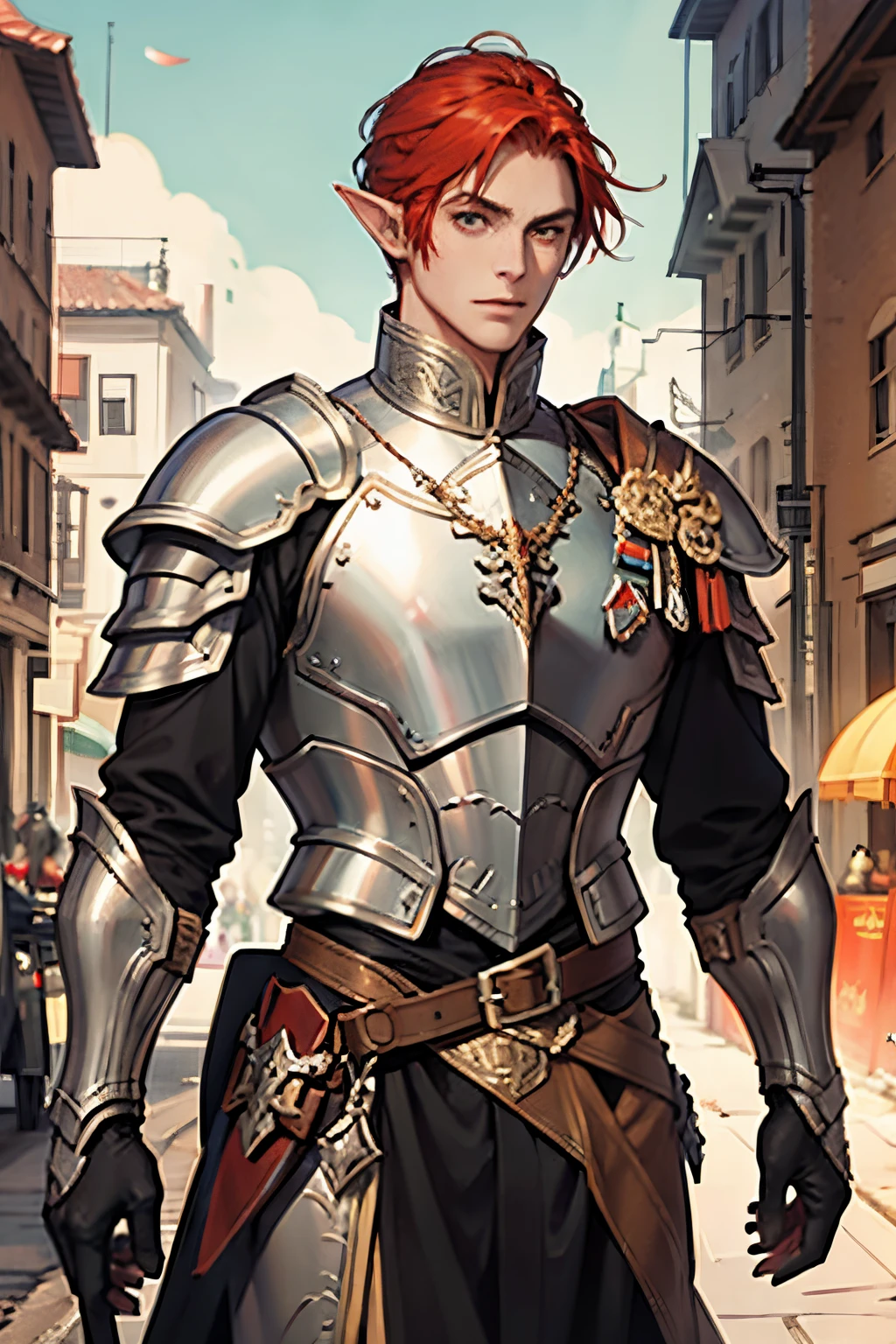 Male Elven, full plate armor, RPG art , red Hair