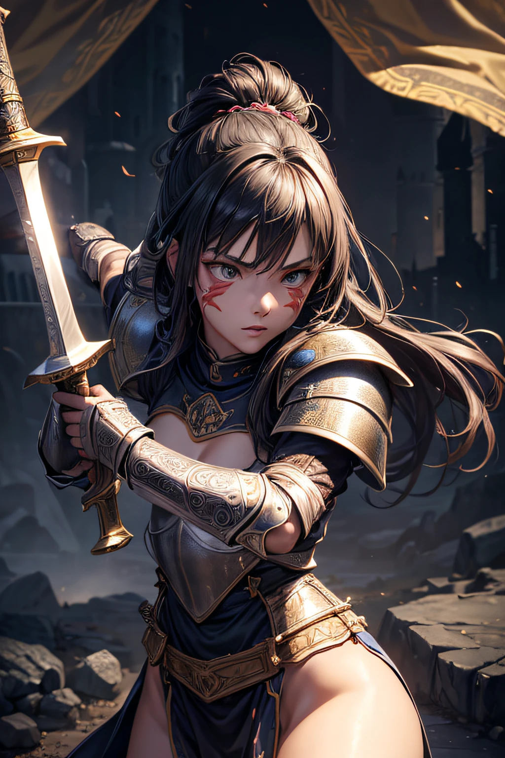 young teen girl, ancient knight, wielding a sword, medieval armor, evil look,,combat stance, facepaint, bodypaint, sexi, small breasts, medieval castle background, highly detailed, vibrant appearance, creative behavior, extremly detailed, imaginative, sensual, spontaneous, highest quality, skin texture, intricate details, (cinematic lighting), RAW photo, 8k, masterpiece,best quality,ultra-detailed,very detailed illustrations,extremely detailed,intricate details,highres,super complex details,extremely detailed 8k cg wallpaper,