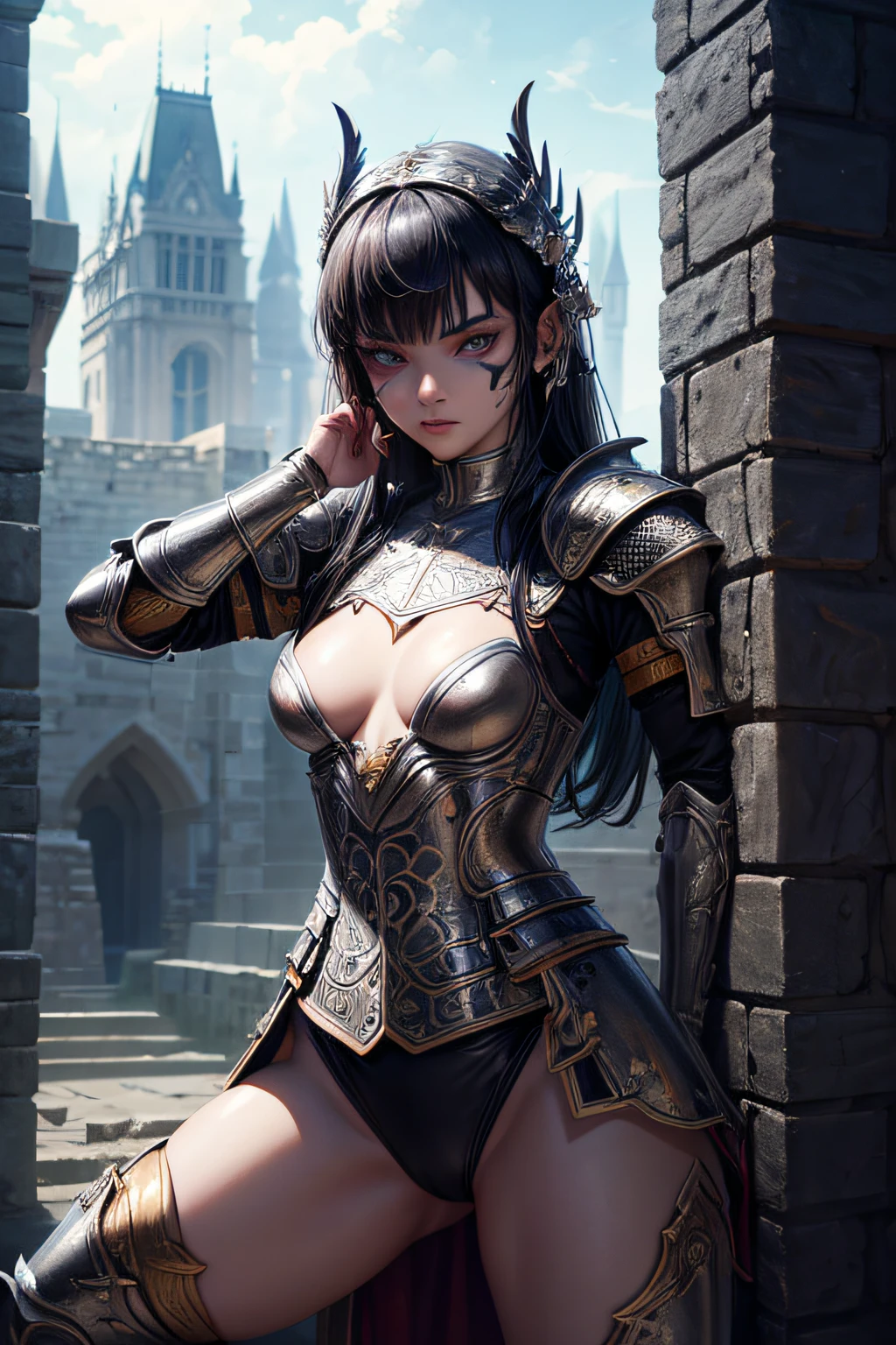 young teen girl, ancient knight, wielding a sword, medieval armor, evil look,,combat stance, facepaint, bodypaint, sexi, small breasts, medieval castle background, highly detailed, vibrant appearance, creative behavior, extremly detailed, imaginative, sensual, spontaneous, highest quality, skin texture, intricate details, (cinematic lighting), RAW photo, 8k, masterpiece,best quality,ultra-detailed,very detailed illustrations,extremely detailed,intricate details,highres,super complex details,extremely detailed 8k cg wallpaper,