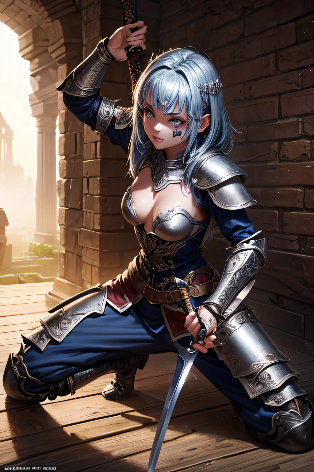 young teen girl, ancient knight, wielding a sword, medieval armor, evil look,,combat stance, facepaint, bodypaint, sexi, small breasts, medieval castle background, highly detailed, vibrant appearance, creative behavior, extremly detailed, imaginative, sensual, spontaneous, highest quality, skin texture, intricate details, (cinematic lighting), RAW photo, 8k, masterpiece,best quality,ultra-detailed,very detailed illustrations,extremely detailed,intricate details,highres,super complex details,extremely detailed 8k cg wallpaper,