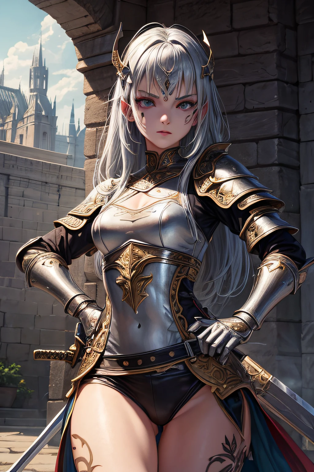 young  girl, ancient knight, wielding a sword, medieval armor, evil look,,combat stance, facepaint, bodypaint, sexi, small breasts, medieval castle background, highly detailed, vibrant appearance, creative behavior, extremly detailed, imaginative, sensual, spontaneous, highest quality, skin texture, intricate details, (cinematic lighting), RAW photo, 8k, masterpiece,best quality,ultra-detailed,very detailed illustrations,extremely detailed,intricate details,highres,super complex details,extremely detailed 8k cg wallpaper,