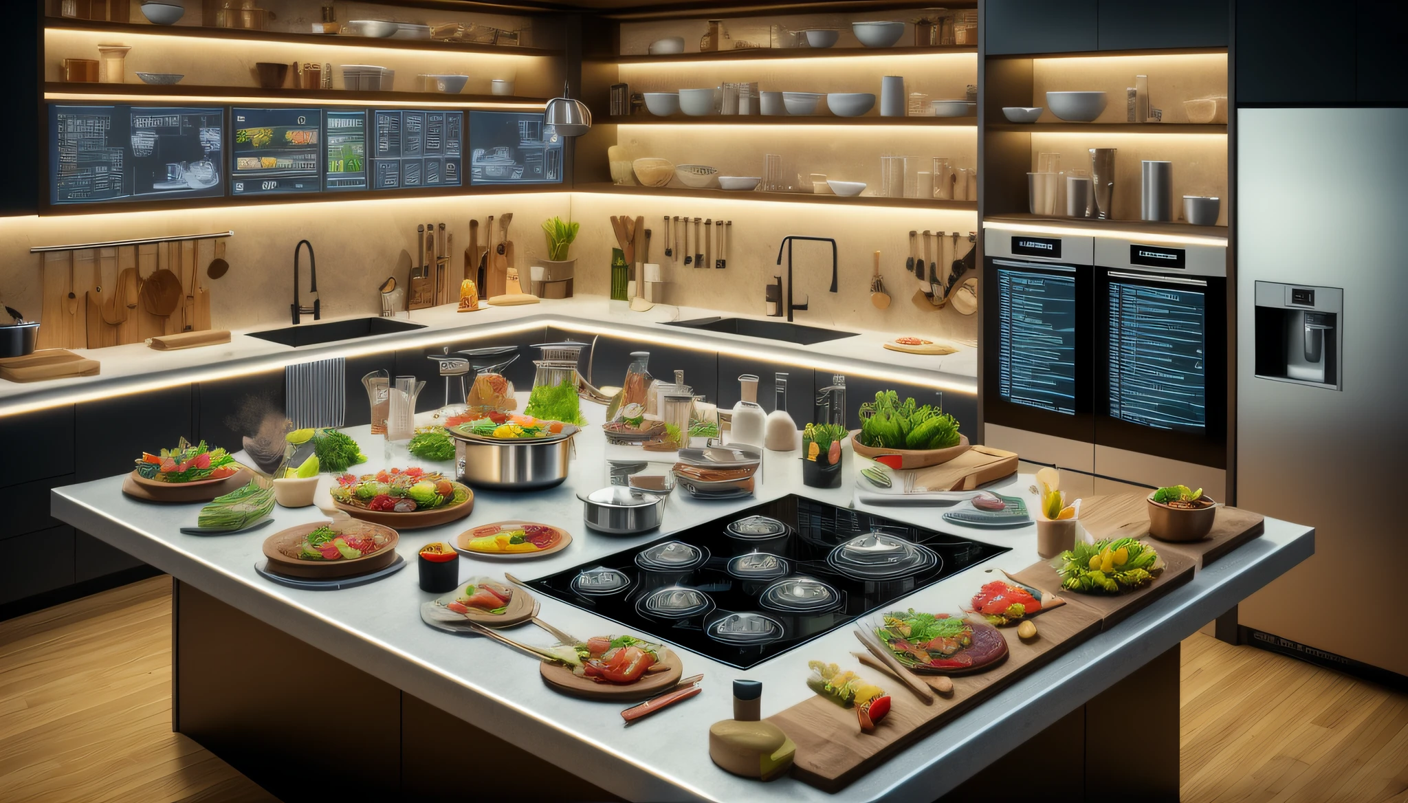 there a kitchen with a counter with a lot of food on it, cuisine, food commercial 4 k, but futuristic food, gourmet cooking, chef table, overheard camera view of kitchen, hyperreal highly detailed 8 k, cooking show, concept art. 8 k, by Scott M. Fischer, a hyper realistic, cg art, made in unreal engine 5