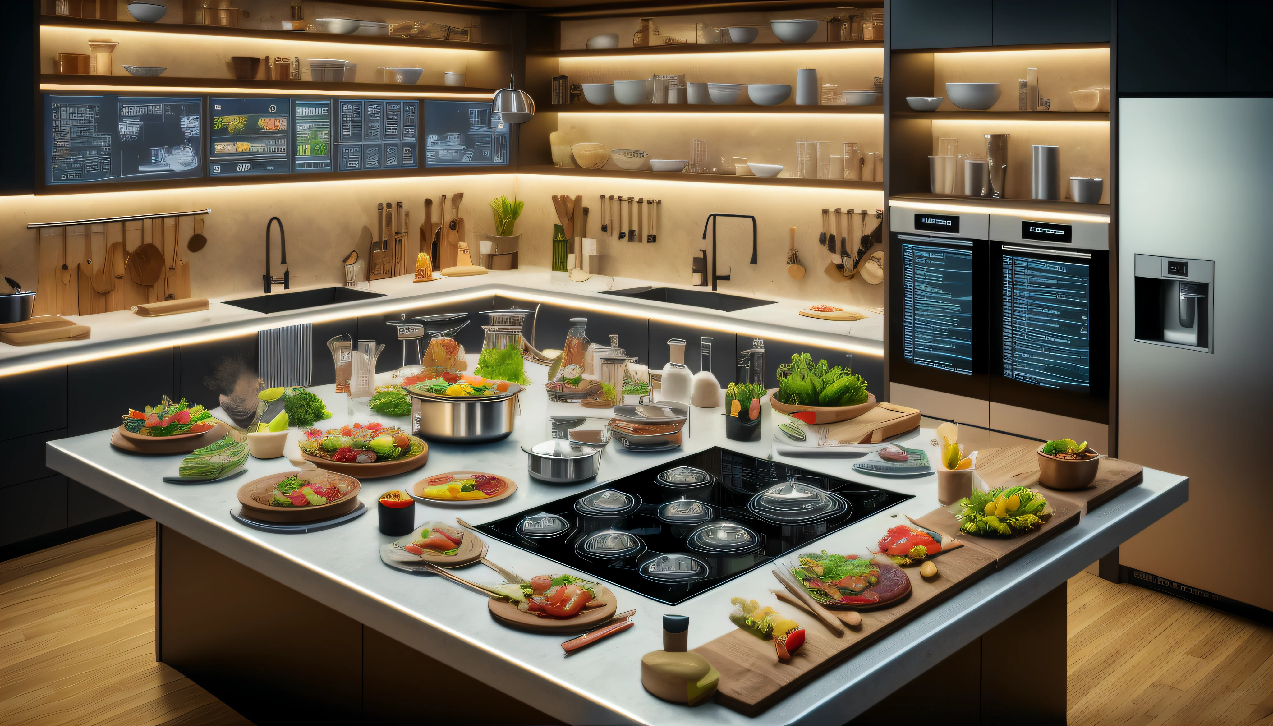 there  a kitchen with a counter with a lot of food on it, cuisine, food commercial 4 k, but futuristic food, gourmet cooking, chef table, overheard camera view of kitchen, hyperreal highly detailed 8 k, cooking show, concept art. 8 k, by Scott M. Fischer, a hyper realistic, cg art, made in unreal engine 5