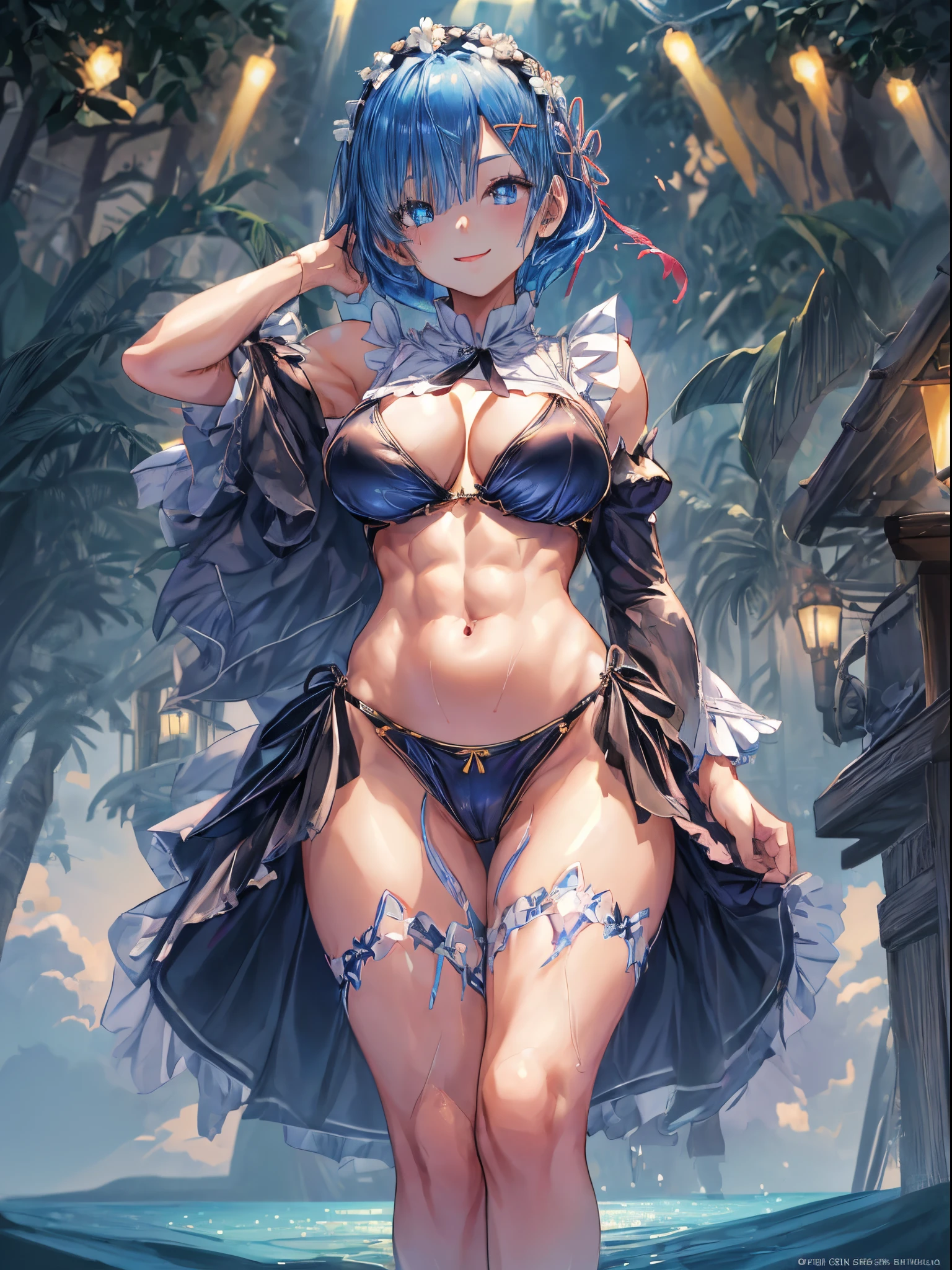 (((1 girl))), (master piece, best quality;1.3), ultra detailed, Looking at Viewer, castle, standing, smiling, Rem_ré_zero, blue hair, short hairstyle, very short and sexy bikini, hair ornament hair, cleavage, ribbon, muscular legs, muscular belly, lean defined arms, medium to large breasts, full body photo, barefoot, eye reflection, glowing eyes, anime, anime style, cinematic lighting, ray tracing, panorama, Sony FE , UHD, masterpiece, accurate, anatomically correct, super details, high quality, high resolution, HD, 16k