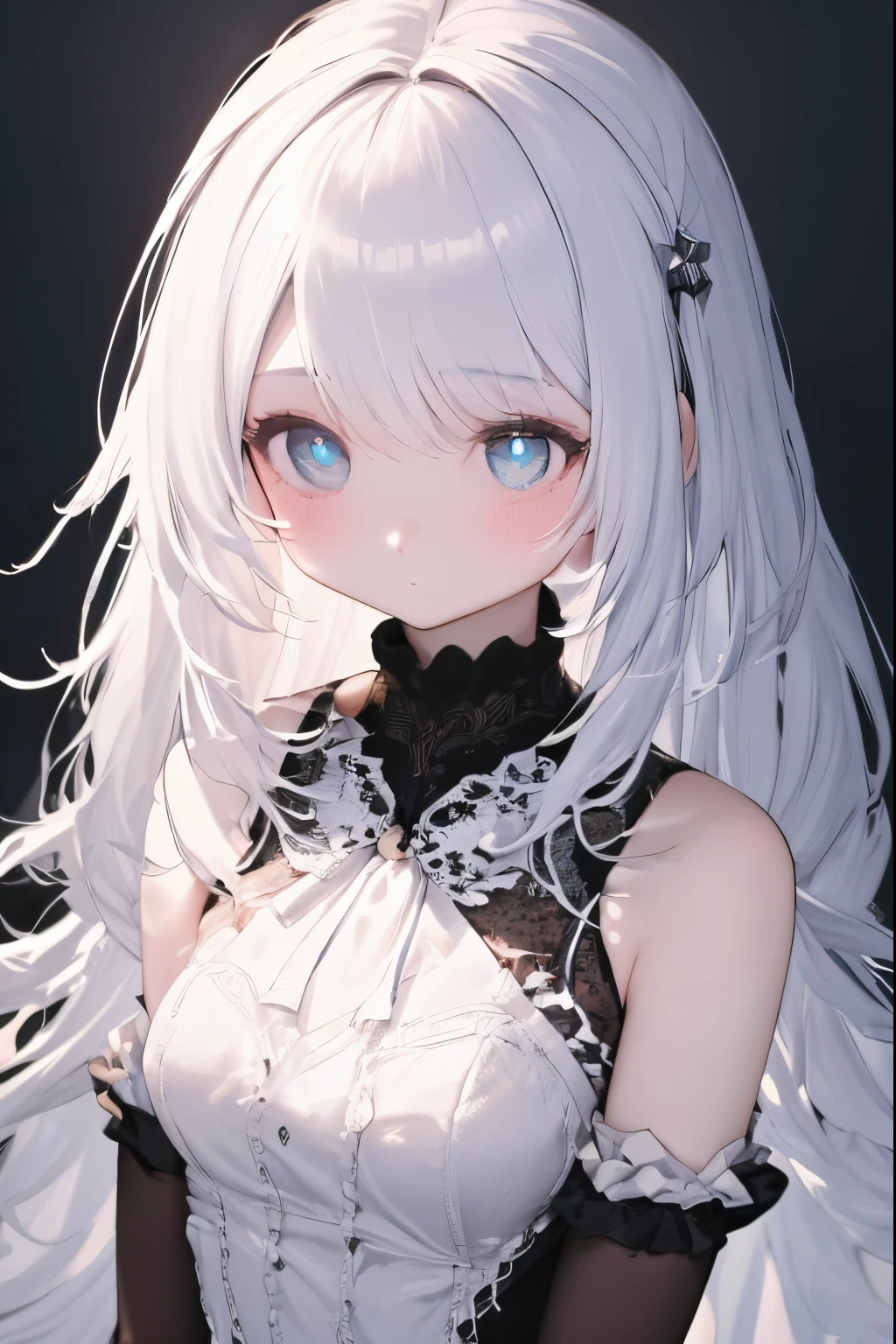 ((high-level image quality、masterpiece:1.4))、女の子1人、The upper part of the body、body clothes、white hair、rainbow-colored hair、gradation hair、kawaii faces、美丽的面容、beautidful eyes、a beauty girl、Kawaii Girl、Perfect face shape、Crazy、Realistic proportions、Dynamic Poses、high détails、Convoluted、intricate-detail、Realistic eyes、Realistic eye assignment example、32K、Realistic lighting、Extreme details、Realistic pupils、realistic proportion eyes、Pupils of realistic proportions、Realistic Shadows、Evafee
