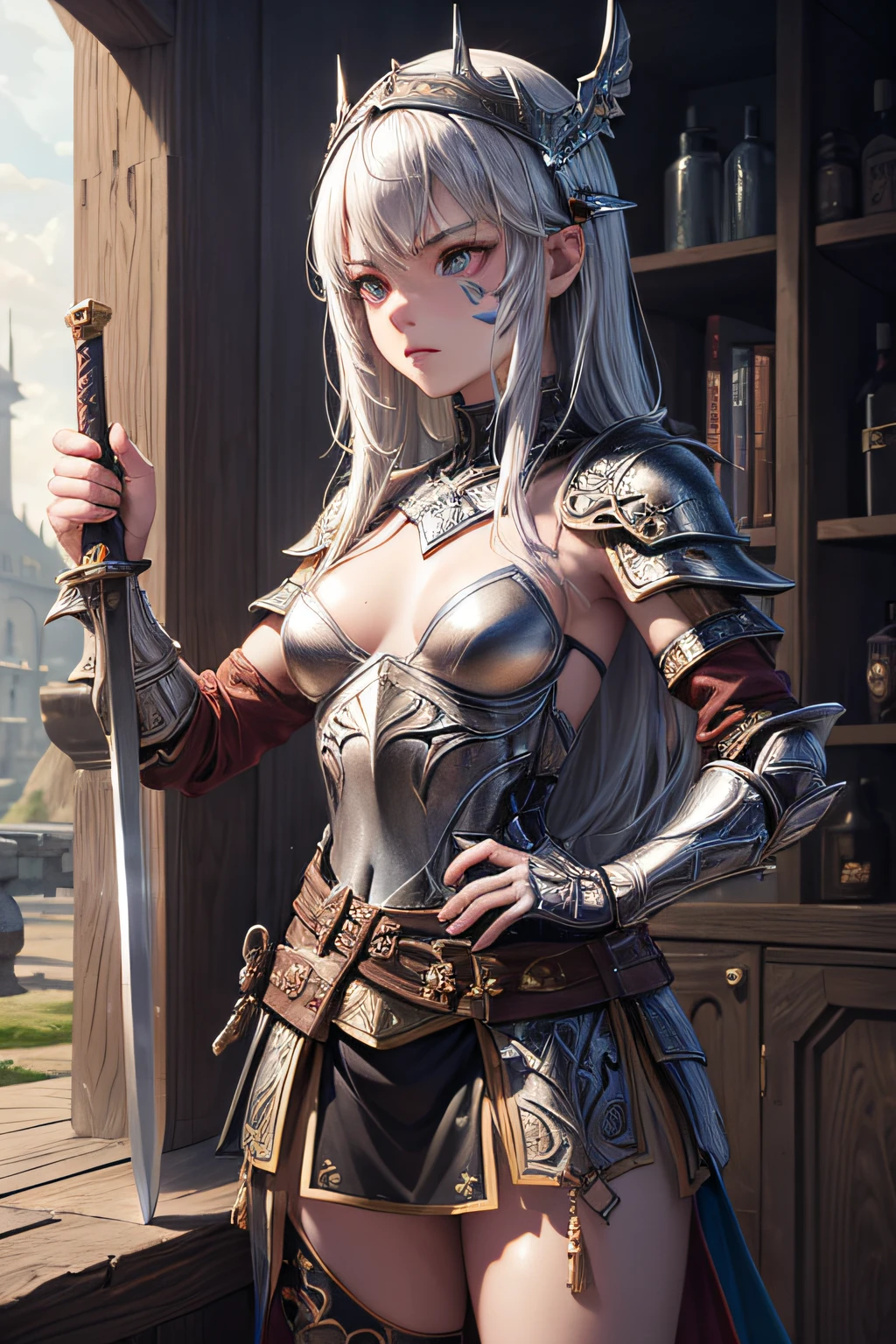 young teen girl, ancient knight, wielding a sword, medieval armor, evil look,,combat stance, facepaint, bodypaint, sexi, small breasts, medieval castle background, highly detailed, vibrant appearance, creative behavior, extremly detailed, imaginative, sensual, spontaneous, highest quality, skin texture, intricate details, (cinematic lighting), RAW photo, 8k, masterpiece,best quality,ultra-detailed,very detailed illustrations,extremely detailed,intricate details,highres,super complex details,extremely detailed 8k cg wallpaper,