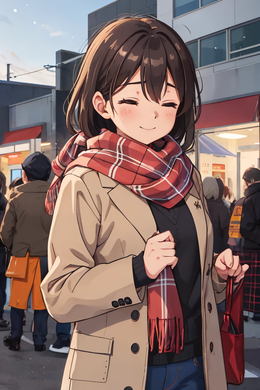 one-girl。wearing a plaid scarf，With his eyes closed，The head was slightly raised，Very melancholy，Best quality at best，Picture quality HD，The background  starlight