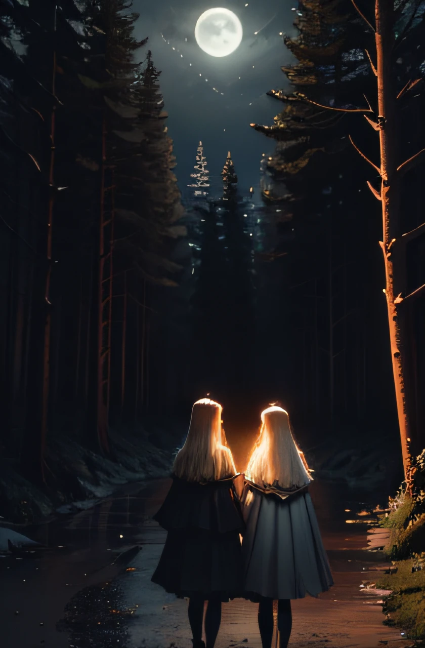 girls embracing a magical grace under the moonlight in a dark forest