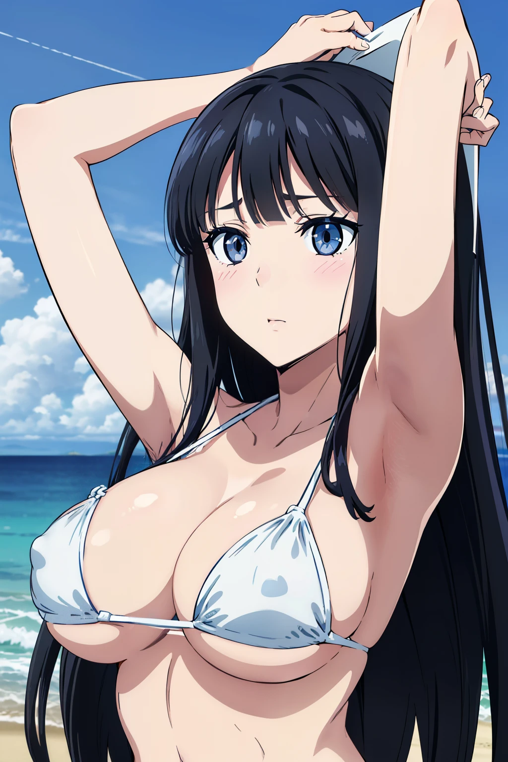 Miyuki, 1girl in, Cute, blush, blue eyess, (Long Black Hair:1.5), years, (Oversized large sagging breasts:1.5), cleavage, ((White Micro Bikini:1.5, Thin fabric)), (Arms up:1.5), Upper body, Close-up on the chest, Front composition:1.5, beach side, ((Perfect Anatomy, beautifull detailed face, Beautiful detailed eyes, beautiful detailed hair, Beautiful detailed body)), thick outline, Beautiful outlines, black outlines