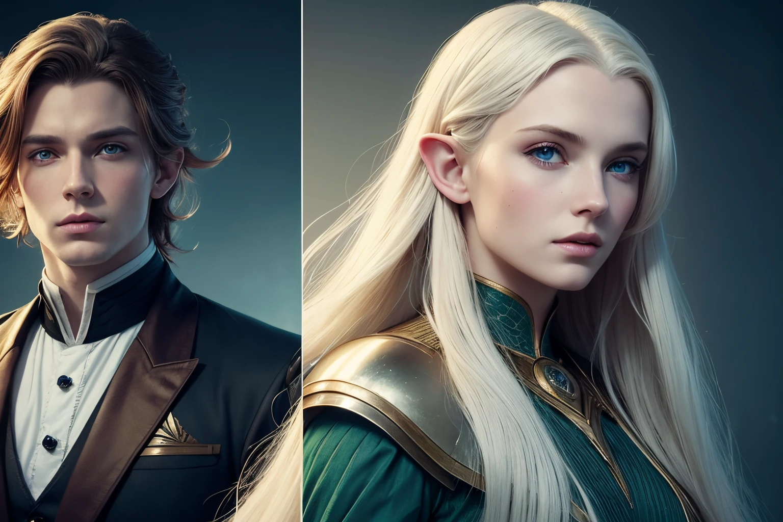 drawing of a couple of people, Beautiful and elegant elf with long white hair and blue eyes, Handsome guy man with red hair and green eyes, Detailed matte fantasy portrait, standing next to each other, Edmund Blair and Charlie Bower, charlie bowater and artgeem, and fire, in style of charlie bowater, style of charlie bowater, Charlie Bower and Tom Bagshaw, charlie bowater art style, Charlie Bower and Artgerm, Charlie Bower and Mark Brooks