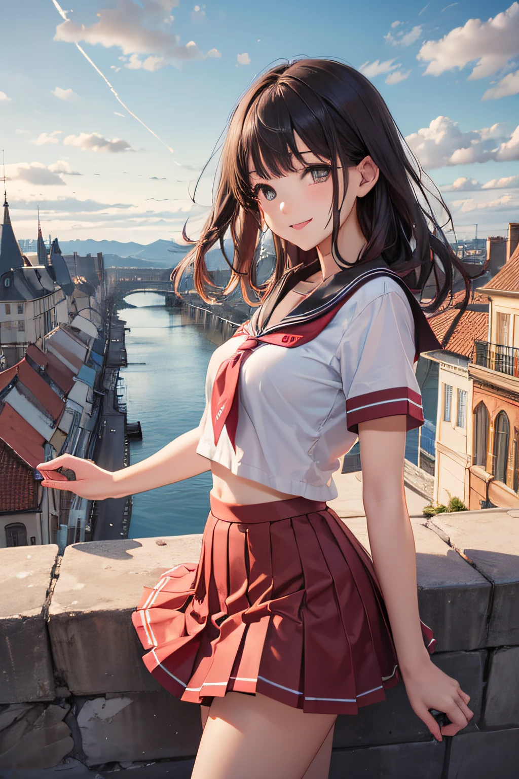 Very cute and beautiful girl,Teen,(very detailed beautiful face and eyes:1.2),Seifuku,Smile,(Pleated mini-skirt),
(Cowboy Shot),Skirt lift,White thong,Dynamic Pose,Dynamic Angle,Looking at Viewer,
many european houses with red roofs,(Town overview:1.2),Narrow river and distant stone bridge,Detailed landscapes,
Black hair,(Best Quality,masutepiece:1.2),Intricate details,Solo,8K resolution,Natural lighting,
Hair fluttering in the wind,Beautiful detailed sky,