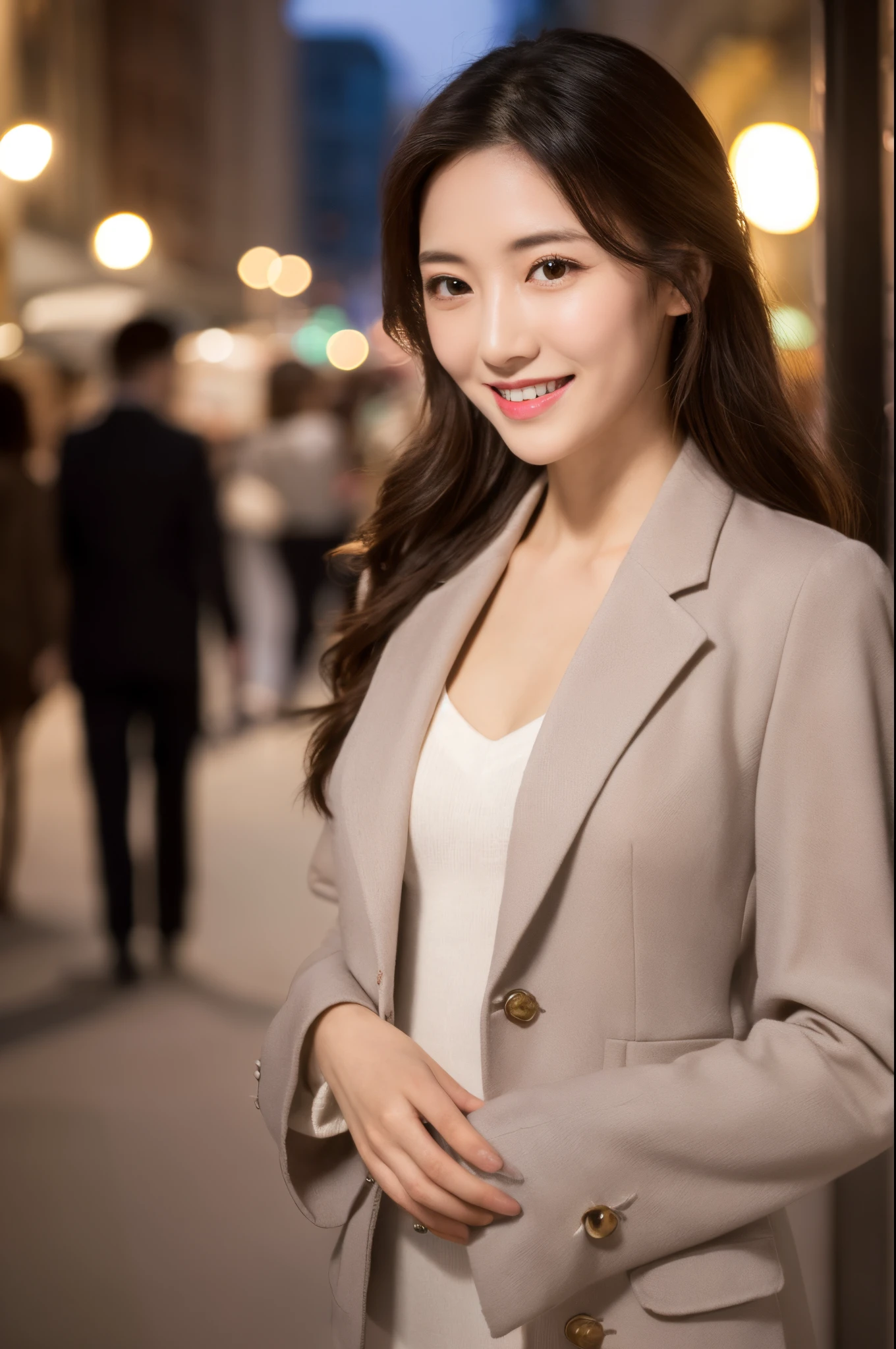 ulzzang -6500-v1.1, (Raw photo:1.2), (Photorealsitic), Beautiful detailed, famous popular actress、 (Real: 1.4), extremely detailed eye and face, beatiful detailed eyes, ((Dazzling night illumination plaza:1.2)), ((Women's Suits:1.3, Ultra-realistic pantyhose:1.2))、selfee、Instagram、strict trial、game_nffsw, huge filesize, hight resolution, ighly detailed, top-quality, [​masterpiece:1.6], illustratio, ighly detailed, nffsw, finely detail, top-quality, 8k wallpaper, Cinematographic lighting, 1 milf, 42 year old, perfect body type, Beautiful big drooping eyes、Pieckfinger, ((masutepiece)), Best Quality, 1 milf, eye shadow,  high-heels、Portrait, ((FULL BODYSHOT:1.4))、(Very affectionate smile:1.2)、realistic skin textures、shinny skin、Exposed thighs!!!