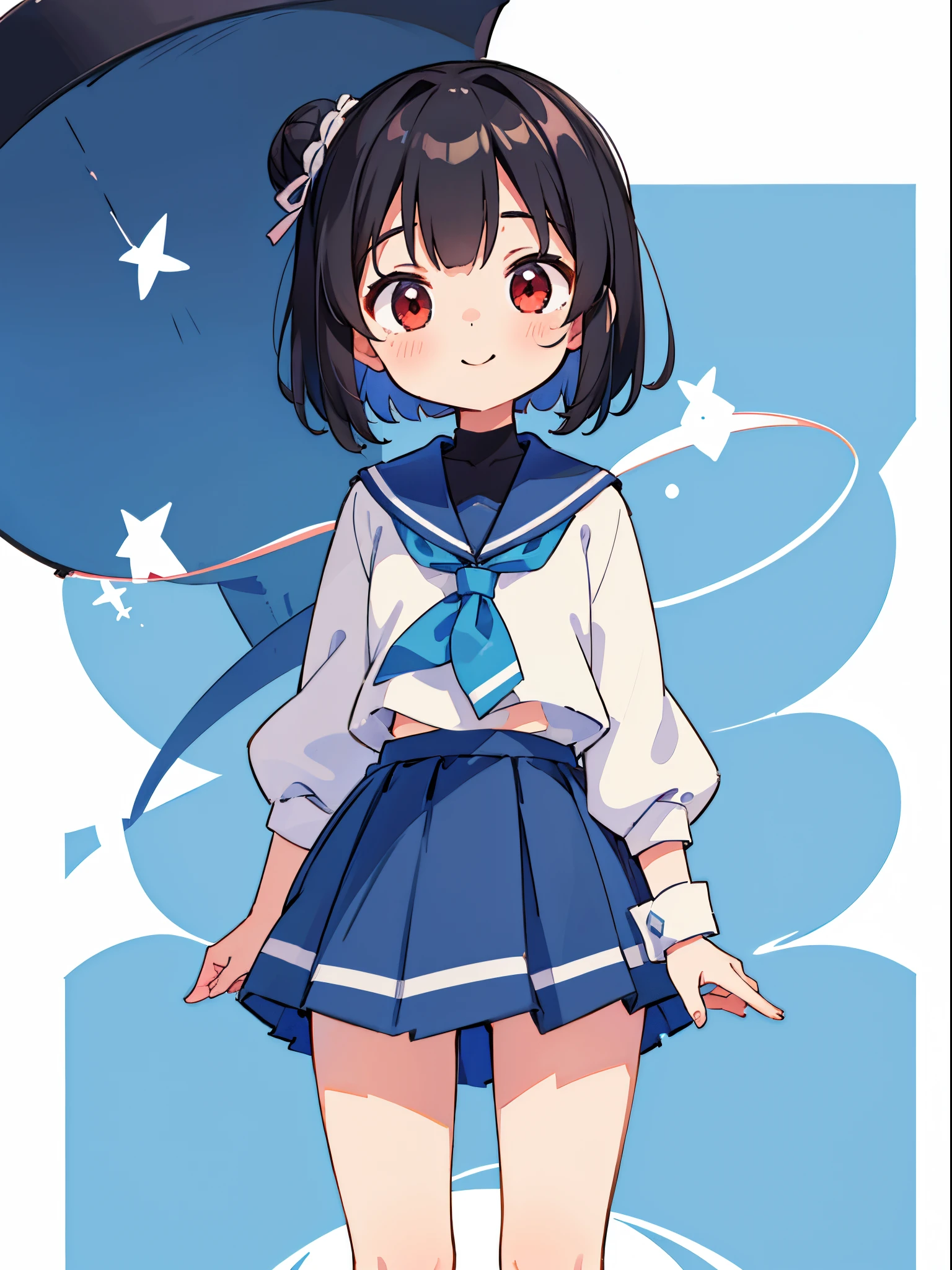 s、Please wear school uniform、Her anime illustration face in soft color palette style、animated gif、Hand-drawn animation、charming sketches、Smooth and shiny background - AR 1:1 - Rainbow 5 - Expressive in style - S 50(Best Quality, masutepiece, Raw photo,Ultra-detailed:1.2),Black hair,Blue Inner Color Bob,Red Eyes,Top image quality,8k,A smile,straight haired, Place your head near the center of the screen,frontage,a cute loli,from the front side,1 girl in,Wide Angle,My hair is tied up in a bun on one side..,Short hair,a miniskirt,Facing the front,No background,with a pure white background