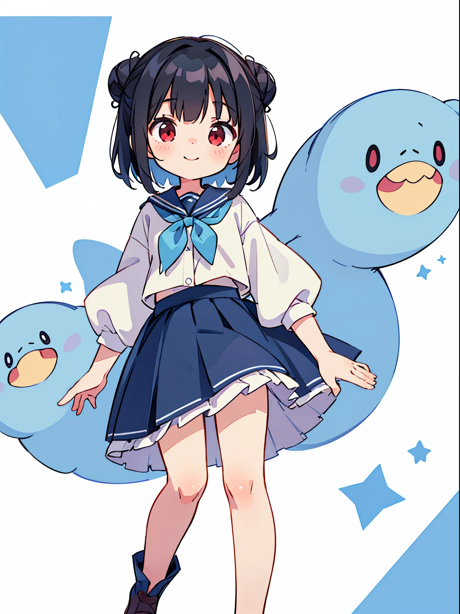  s、Please wear school uniform、Her anime illustration face in soft color palette style、animated gif、Hand-drawn animation、charming sketches、Smooth and shiny background - AR 1:1 - Rainbow 5 - Expressive in style - S 50(Best Quality, masutepiece, Raw photo,Ultra-detailed:1.2),Black hair，Blue Inner Color Bob，Red Eyes，Top image quality，８ｋ，A smile，straight haired， Place your head near the center of the screen,frontage,a cute loli,from the front side,1 girl in,Wide Angle,My hair is tied up in a bun on one side..,Short hair,a miniskirt,Facing the front,No background,with a pure white background