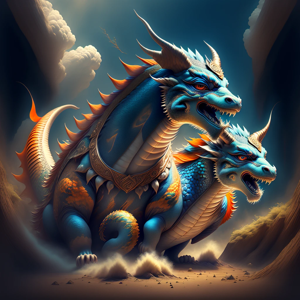 Legends about the dragon date back to time immemorial, when records of this animal appeared in the book called Zhōu Yì (Zhou Yi). In it, it is stated that both storm clouds, lightning and thunder were caused by dragons, magical animals. According to drawings preserved in historical relics, the images of dragons, in addition to being very simple, show different aspects from each other until the Tang (618-907) and Song (960-1279) dynasties, periods in which the image of the dragon evolved until become the modern animal we know today. However, the most curious thing is that the Chinese never knew, until they entered modern society, that the dragon did not really exist, but only resided in the imagination and in the legends that were transmitted from generation to generation. Since ancient times, everyone knew about the existence of this animal without anyone having seen it with their own eyes. The clash was presented in a visually stunning combination of realism and traditional Chinese art elements, highly detailed, with vibrant and atmospheric lighting., highly detailed, monet, blue, orange, gray, ShoeAI, (best quality, 8k, high resolution, masterpiece)
