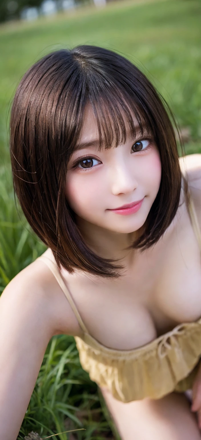 Spread legs, Shoot from below, pussy line, Cameltoe, Looking at the camera, Naked body, flower field, A slender, Kissing face, idolface, Neat face, Blur the background, bob cuts, Colossal tits, 14years, Lori, A smile, masterpiece, top-quality, Raw photo, Photorealsitic, beautiful a girl, cute little, shorth hair, depth of fields, hight resolution, ultra-detailliert, finely detail, ighly detailed, extremely detailed eye and face, Sharp pupils, Cinematic lighting