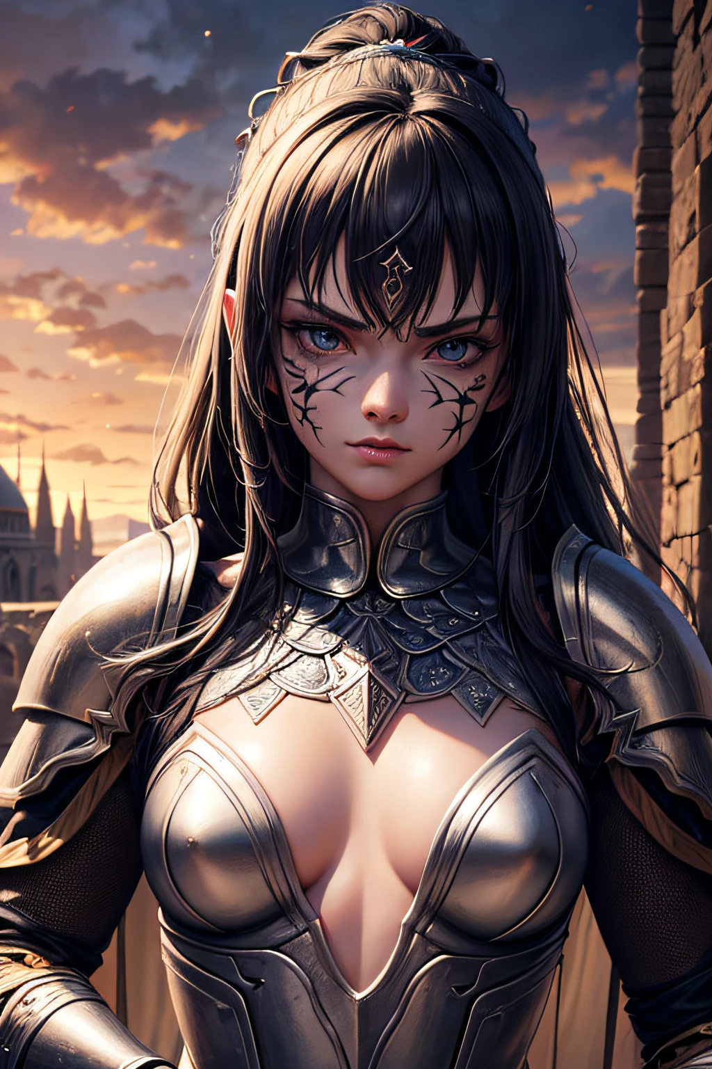 young teen girl, ancient knight, wielding a sword, medieval armor, evil look,,combat stance, facepaint, bodypaint, sexi, small breasts, medieval castle background, highly detailed, vibrant appearance, creative behavior, extremly detailed, imaginative, sensual, spontaneous, highest quality, skin texture, intricate details, (cinematic lighting), RAW photo, 8k, masterpiece,best quality,ultra-detailed,very detailed illustrations,extremely detailed,intricate details,highres,super complex details,extremely detailed 8k cg wallpaper,