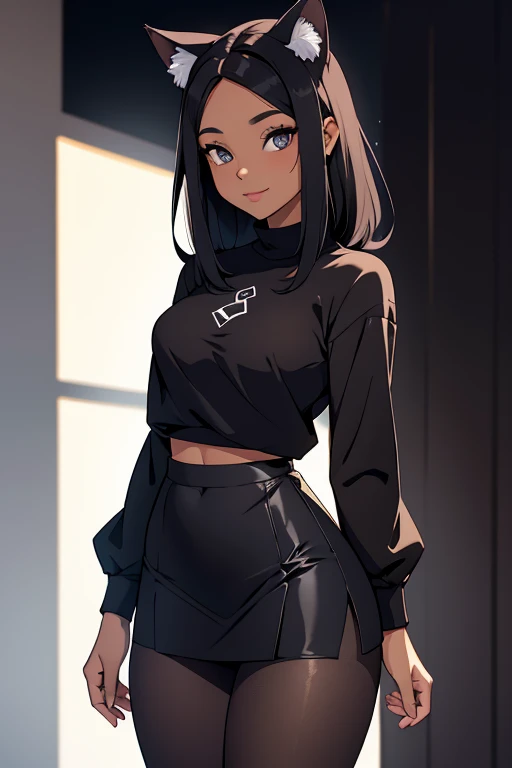 foto de corpo inteiro, todo o corpo , cat ears on the head of a beautiful young woman wearing a short skirt, usando meias preta longas e sueterpreto apertado ,corpo inteiro na foto,floresta a noite varias luzes,belas coxas, coxas lindas belhos olhos escuros detalhados, sueter branco apertado,maio apertado , tight pantyhose, mini saia , ceu limpo a noite com estrelas numa floresta a noite,short curto linda jovem, olhos sedutores feminino.CABELO CURTO PRETO((CABELOS CURTO PRETO))salto alto, em pe, salto alto preto belos sorriso usando salto alto com meias preta longas, sueter branco,belos olhos detalhados,meias pretas longas apertadas, saia curta. salto alto preto, stocking black corpo inteiro a mostra, corpo completo na foto,sexy