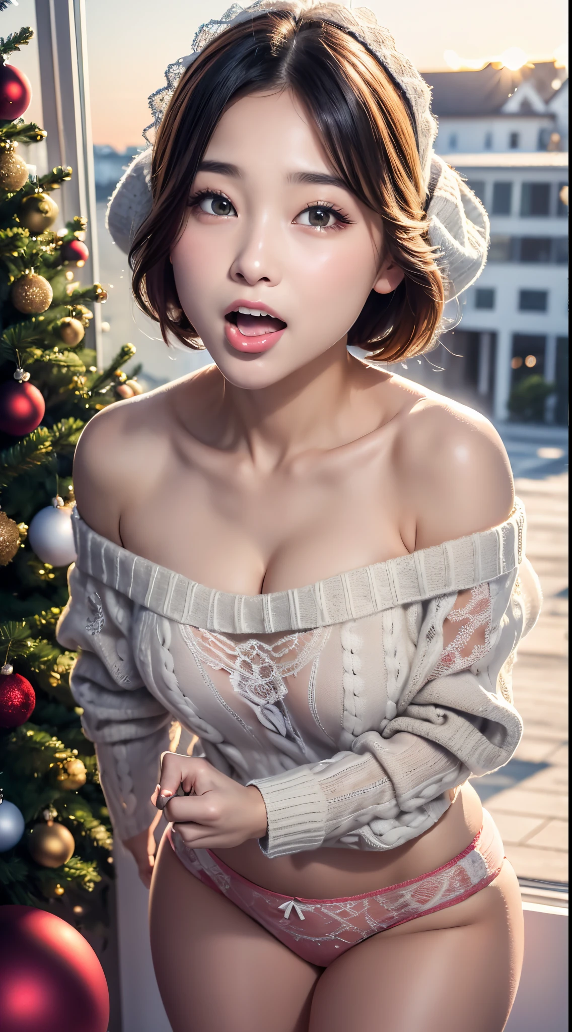 (beautiful face of young girl, Highly detailed)、 (realisitic、８K)、Single Female、28 year old、 (extremely detailed CG unified 8k wallpaper)、  Professional Photography、 Realistic Photos、 (off-the-shoulder sweater:1.8)、((Wide open mouth:1.8))、(long tongue)、((winc))、 (cleavage:1.5)、（large boob）、（Futomo）、((Christmas, Christmas Ornaments, Christmas tree))、  (Sheer lace panties:1.3)、、 Beautiful sunset、 depth of fields、 (View from below:1.3)、Looking at the camera、Light reflected in the eyes、