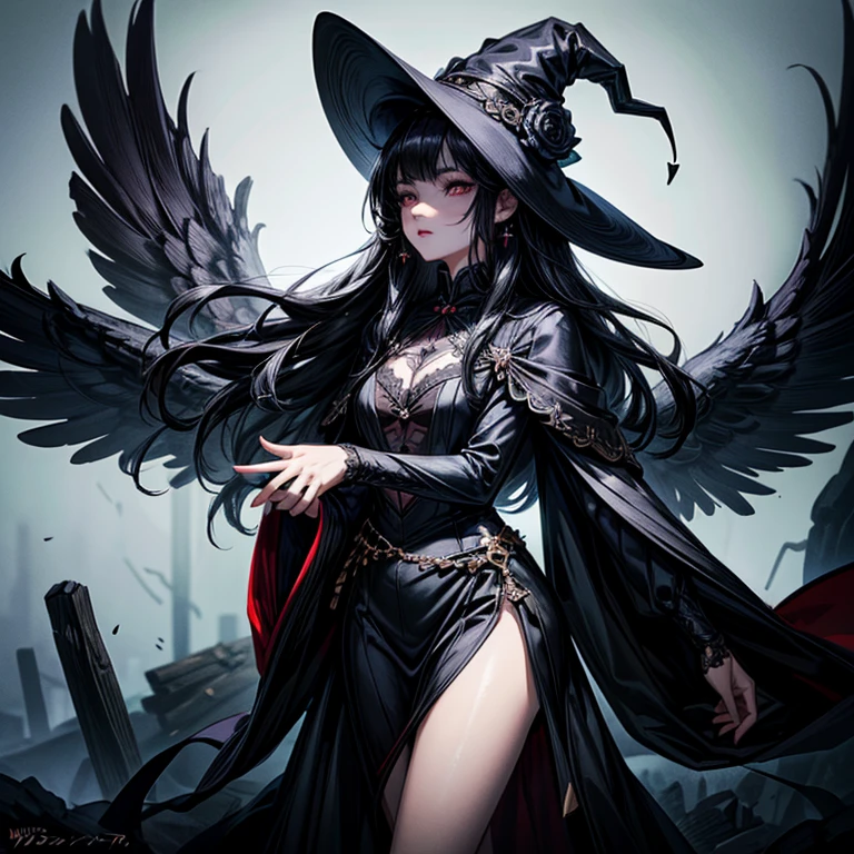 (masterpiece,High quality,Top quality,super detail, best quality ,)1women,long black hair,25 years old,black costume, witch,crow Face details,Skin details,Hd,fantasy,beautiful,