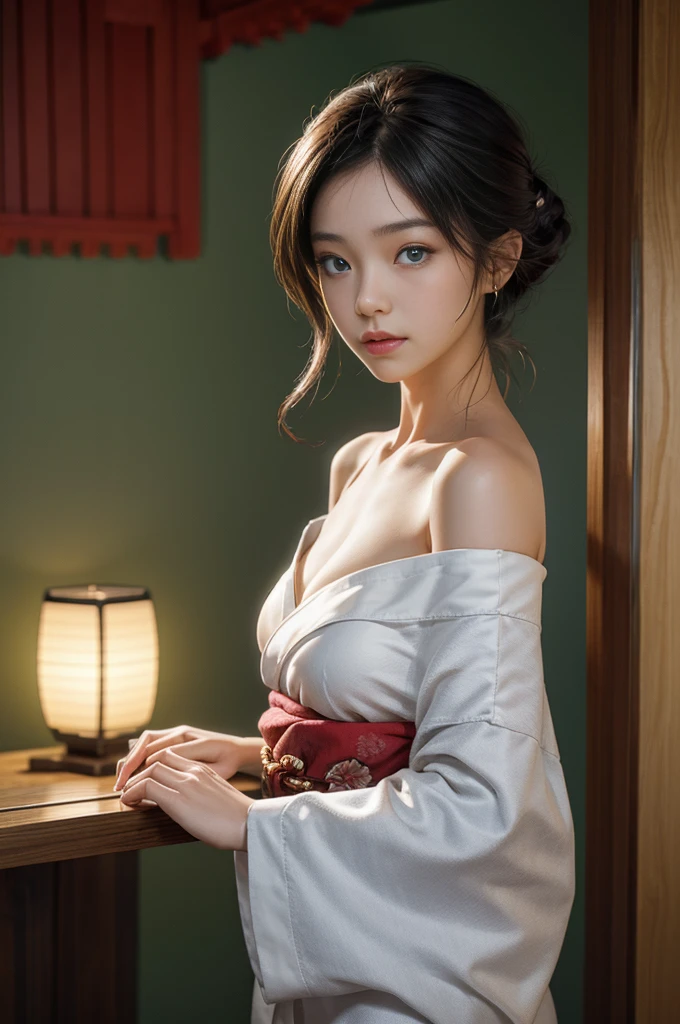 (masutepiece:1.Photoreal Stick:1.4, 8K), top-quality, masterpiece, 超A high resolution, Professional camera work, Grow Light Effect, Realistic portrait, Cinematic Light, Highly detailed skin and facial texture:1.3, The ultra-detailliert, A detailed eye, Detailed limbs, Perfect dynamic composition, (Japanese-style room overlooking the Japanese garden:1.2, formal hanging scroll, Light of the Rising Sun), 1girl in, 25-years old, cute sexy japanese slim woman, Fair skin, (Enraptured look:0.9, Totally captivates you:1.0), (Silver kimono:1.32 off shoulder), (voluptuous breasts:0.9), (Backshots, Calm pose), (Beautiful blue eyes, Eyes that feel beautiful eros:0.85), Sexy face:0.4, (A mouthfeel that feels beautiful eros:0.85), ((Too cute beauty:0.9))