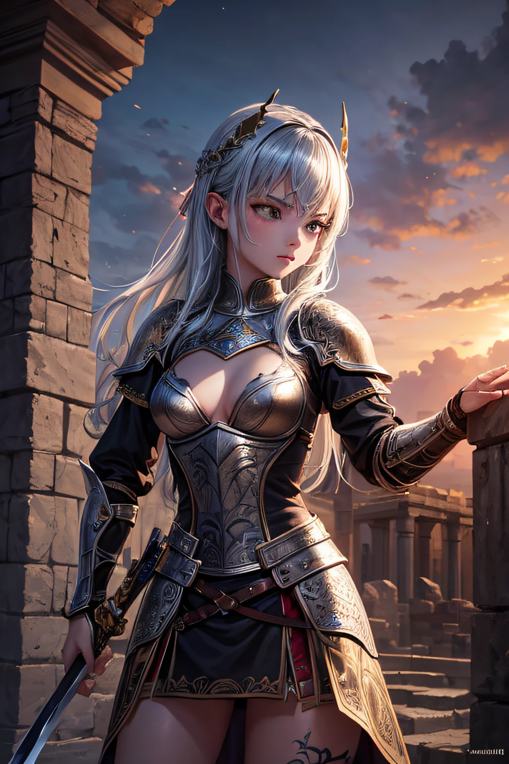 , ancient knight, wielding a sword, medieval armor, evil look,,combat stance, facepaint, bodypaint, sexi, small breasts, medieval castle background, highly detailed, vibrant appearance, creative behavior, extremly detailed, imaginative, sensual, spontaneous, highest quality, skin texture, intricate details, (cinematic lighting), RAW photo, 8k, masterpiece,best quality,ultra-detailed,very detailed illustrations,extremely detailed,intricate details,highres,super complex details,extremely detailed 8k cg wallpaper,