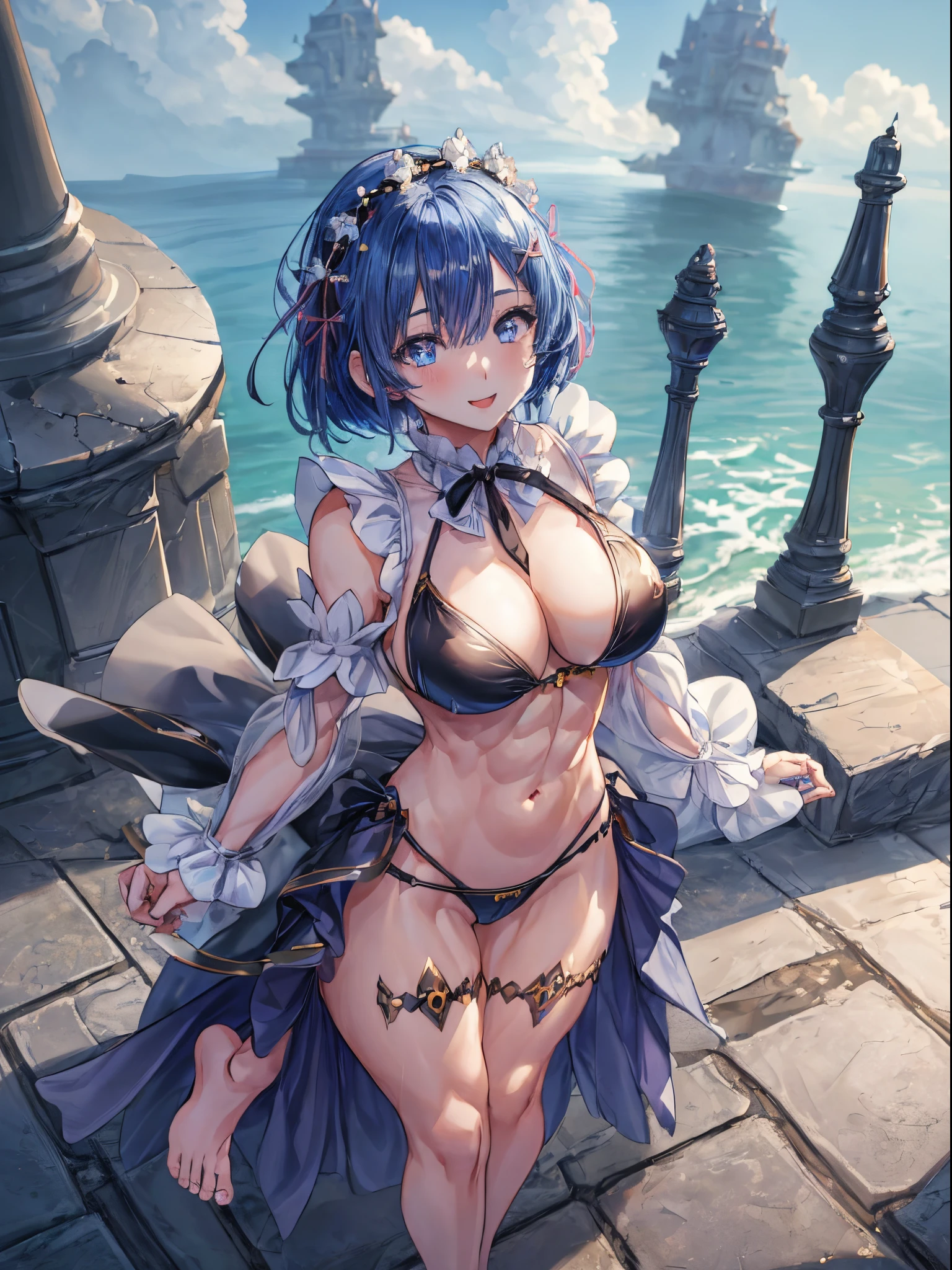 (((1 girl))), (master piece, best quality;1.3), ultra detailed, Looking at Viewer, castle, standing, smiling, Rem_ré_zero, blue hair, short hairstyle, very short and sexy bikini, hair ornament hair, cleavage, ribbon, muscular legs, muscular belly, lean defined arms, medium to large breasts, full body photo, barefoot, eye reflection, glowing eyes, anime, anime style, cinematic lighting, ray tracing, panorama, Sony FE , UHD, masterpiece, accurate, anatomically correct, super details, high quality, high resolution, HD, 16k