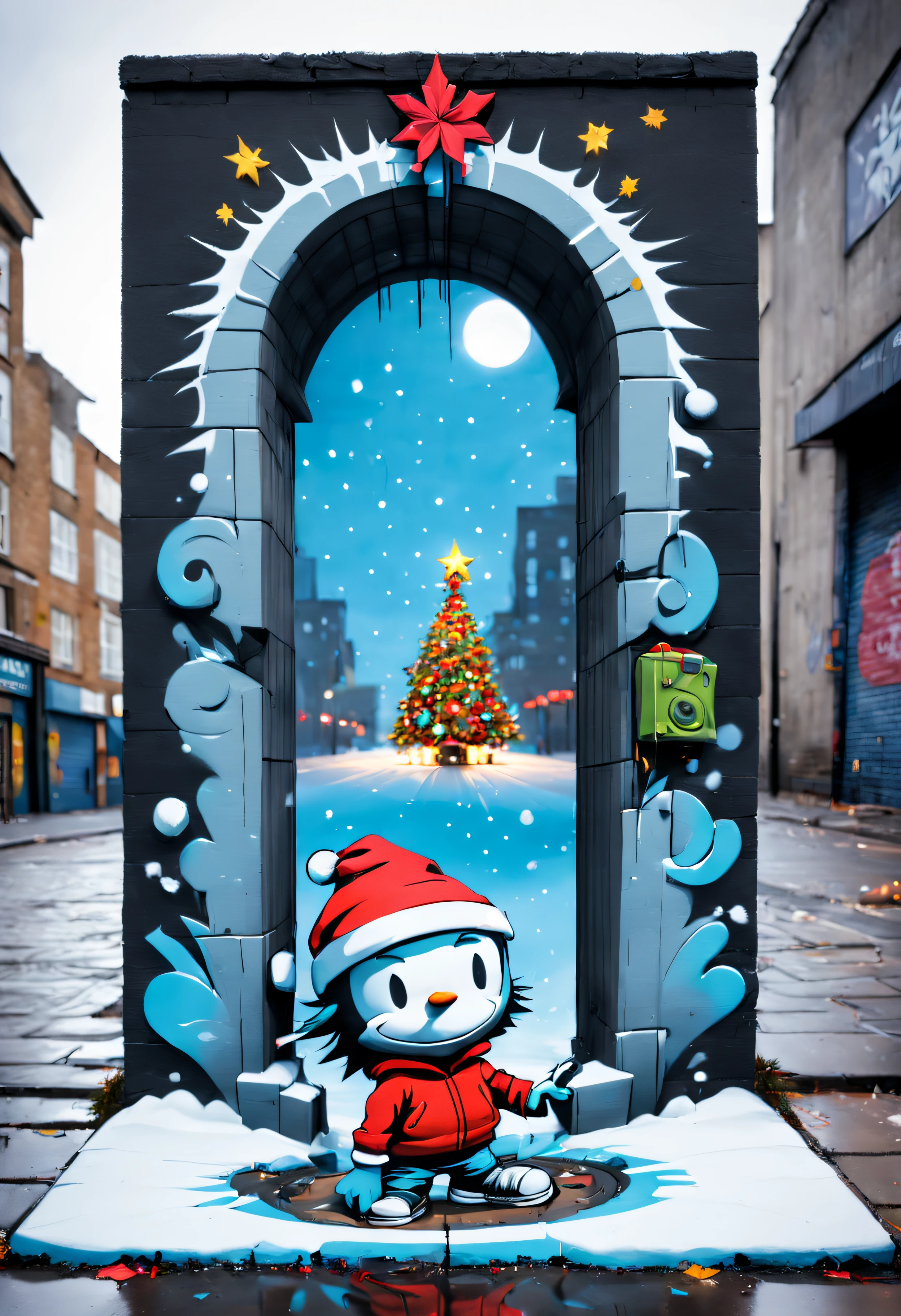 3dxmasurbanart, A three dimensional piece of christmas street art "Seasons Greetings" written on the ground in skottie young style, picturing a portal opened up from another dimension with a graffiti snowy background (banksy style)