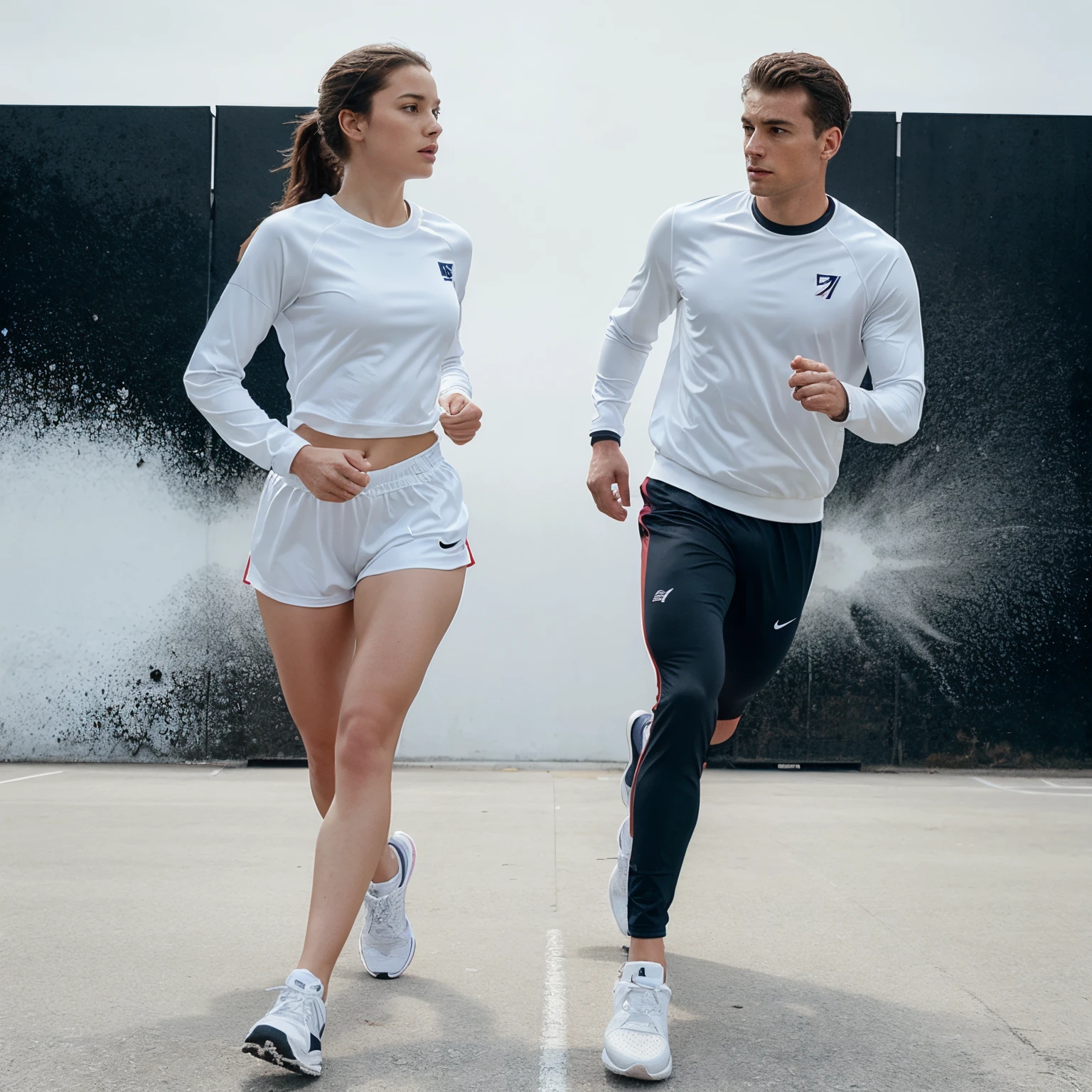 poster of Full length shot of a man and woman in sportswear running together holding hand isolated on white background