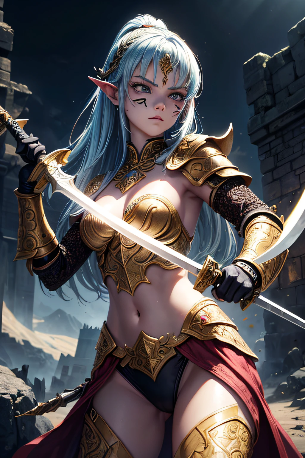 young teen girl, ancient fantasy warrior, wielding a sword, highly detailed fantasy armor, evil look,,combat stance, facepaint, bodypaint, sexi, small breasts, medieval castle background, highly detailed, vibrant appearance, creative behavior, extremly detailed, imaginative, sensual, spontaneous, highest quality, skin texture, intricate details, (cinematic lighting), RAW photo, 8k, masterpiece,best quality,ultra-detailed,very detailed illustrations,extremely detailed,intricate details,highres,super complex details,extremely detailed 8k cg wallpaper,