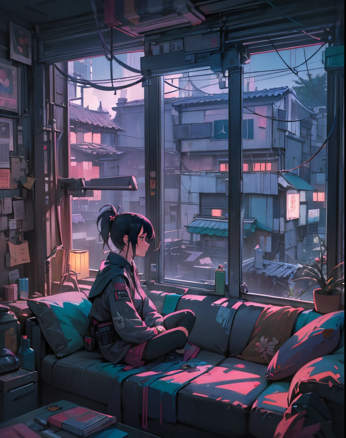 there a woman sitting on a couch in a living room, set in tokyo rooftop, in a japanese apartment, in a rooftop, in a cyberpunk setting, anime style mixed with fujifilm, cyberpunk setting, in a old house. hyper realistic, lofi portrait at a window, cozy place, post apocalyptic view, the cyberpunk apartment, cyberpunk apartment, lofi girl