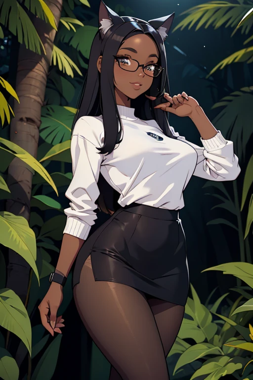 foto de corpo inteiro, todo o corpo , cat ears on the head of a beautiful young woman wearing a short skirt, usando meias preta longas e sueterpreto apertado ,corpo inteiro na foto,floresta a noite varias luzes,belas coxas, coxas lindas belhos olhos escuros detalhados, sueter branco apertado,maio apertado , tight pantyhose, mini saia , ceu limpo a noite com estrelas numa floresta a noite,short curto linda jovem, olhos sedutores feminino.CABELO CURTO PRETO((CABELOS CURTO PRETO))salto alto, em pe, salto alto preto belos sorriso usando salto alto com meias preta longas, sueter branco,belos olhos detalhados,meias pretas longas apertadas, saia curta. salto alto preto, stocking black corpo inteiro a mostra, corpo completo na foto,sexy oculos e cabelo curto