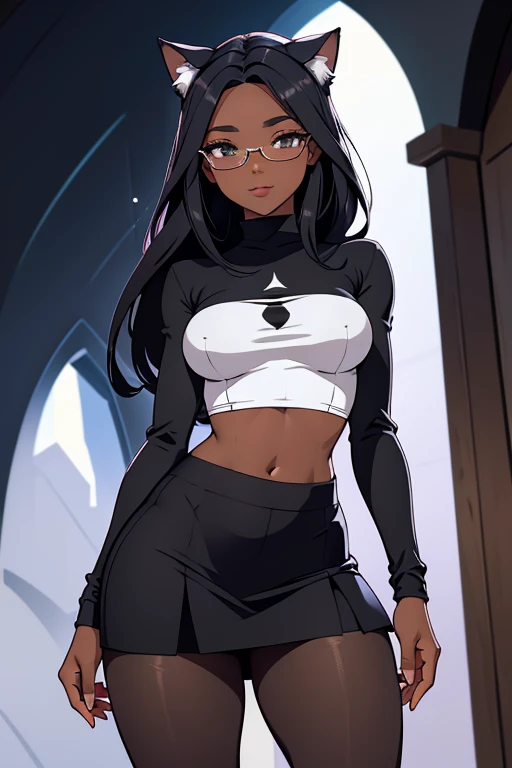 foto de corpo inteiro, todo o corpo , cat ears on the head of a beautiful young woman wearing a short skirt, usando meias preta longas e sueterpreto apertado ,corpo inteiro na foto,floresta a noite varias luzes,belas coxas, coxas lindas belhos olhos escuros detalhados, sueter branco apertado,maio apertado , tight pantyhose, mini saia , ceu limpo a noite com estrelas numa floresta a noite,short curto linda jovem, olhos sedutores feminino.CABELO CURTO PRETO((CABELOS CURTO PRETO))salto alto, em pe, salto alto preto belos sorriso usando salto alto com meias preta longas, sueter branco,belos olhos detalhados,meias pretas longas apertadas, saia curta. salto alto preto, stocking black corpo inteiro a mostra, corpo completo na foto,sexy oculos e cabelo curto