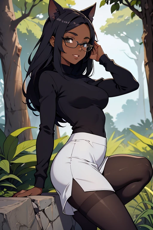 foto de corpo inteiro, todo o corpo , cat ears on the head of a beautiful young woman wearing a short skirt, usando meias preta longas e sueterpreto apertado ,corpo inteiro na foto,floresta a noite varias luzes,belas coxas, coxas lindas belhos olhos escuros detalhados, sueter branco apertado,maio apertado , tight pantyhose, mini saia , ceu limpo a noite com estrelas numa floresta a noite,short curto linda jovem, olhos sedutores feminino.CABELO CURTO PRETO((CABELOS CURTO PRETO))salto alto, em pe, salto alto preto belos sorriso usando salto alto com meias preta longas, sueter branco,belos olhos detalhados,meias pretas longas apertadas, saia curta. salto alto preto, stocking black corpo inteiro a mostra, corpo completo na foto,sexy oculos e cabelo curto
