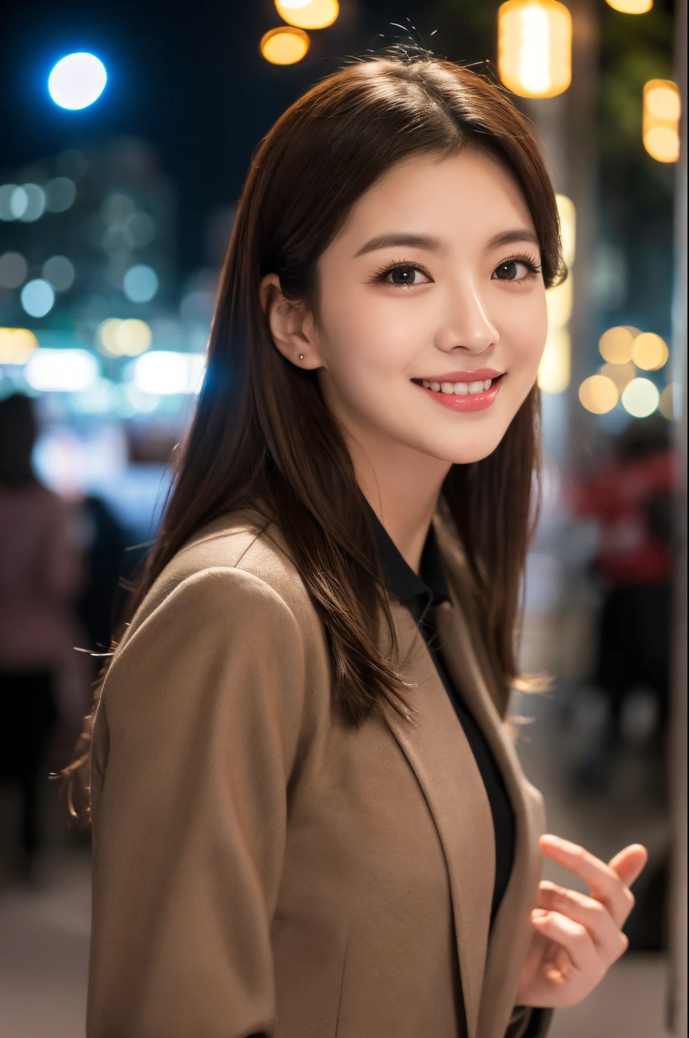 ulzzang -6500-v1.1, (Raw photo:1.2), (Photorealsitic), Beautiful detailed, Famous popular actresses、 (Real: 1.4), extremely detailed eye and face, beatiful detailed eyes, ((Dazzling night illumination plaza:1.2)), ((Women's Suits:1.3, Ultra-realistic pantyhose:1.2))、selfee、Instagram、harsh trial、game_nffsw, Notice the camera and raise your hand、huge filesize, hight resolution, ighly detailed, top-quality, [​masterpiece:1.6], illustratio, ighly detailed, nffsw, finely detail, top-quality, 8k wallpaper, Cinematographic lighting, 1 milf, 42 year old, perfect body type, Beautiful big drooping eyes、Pieckfinger, ((masutepiece)), Best Quality, 1 milf, eye shadow,  high-heels、Portrait, ((FULL BODYSHOT:1.4))、(Very affectionate smile:1.2)、realistic skin textures、shinny skin、Exposed thighs!!!