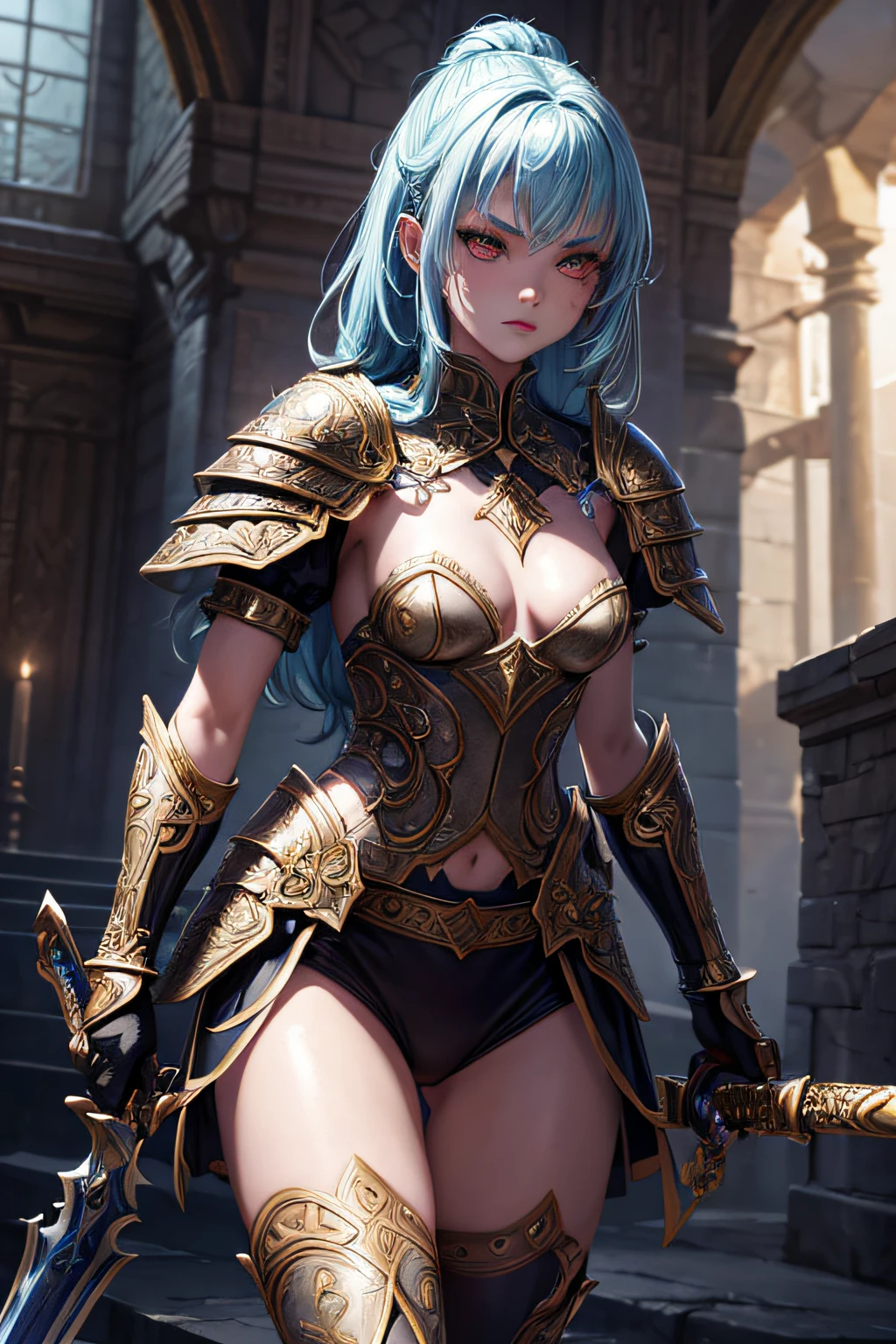 , ancient fantasy warrior, wielding a sword, highly detailed fantasy armor, evil look,,combat stance, facepaint, bodypaint, sexi, small breasts, medieval castle background, highly detailed, vibrant appearance, creative behavior, extremly detailed, imaginative, sensual, spontaneous, highest quality, skin texture, intricate details, (cinematic lighting), RAW photo, 8k, masterpiece,best quality,ultra-detailed,very detailed illustrations,extremely detailed,intricate details,highres,super complex details,extremely detailed 8k cg wallpaper,