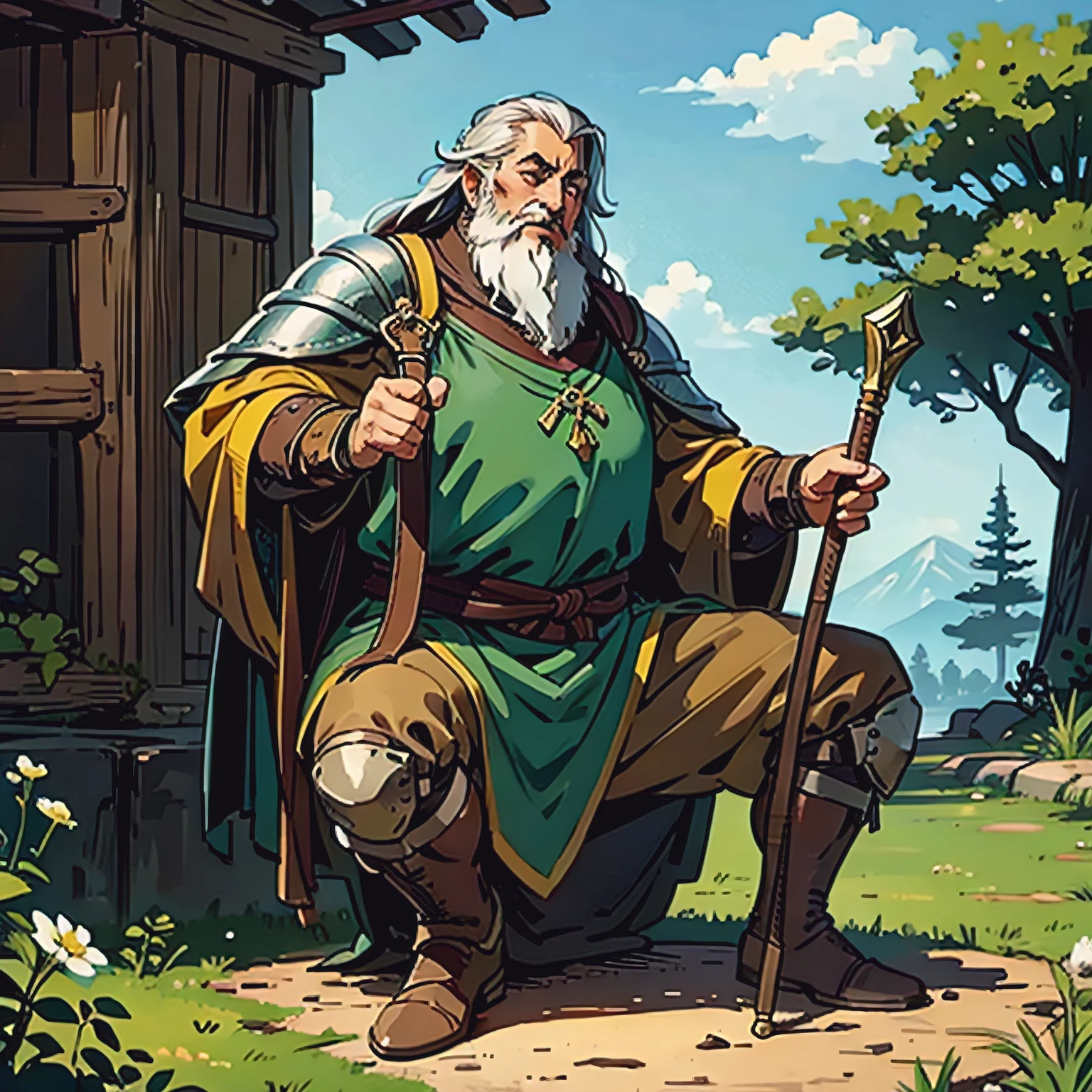 Medieval fantasy illustration, Male dwarf, cabelos prateado, guerreiro, segurando machado