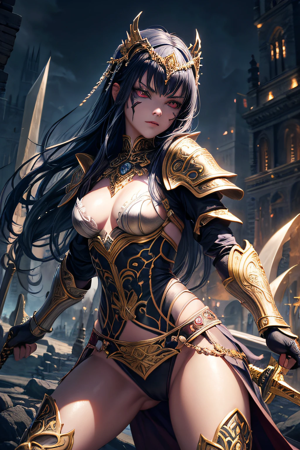 young teen girl, ancient fantasy warrior, wielding a sword, highly detailed fantasy armor, evil look,,combat stance, facepaint, bodypaint, sexi, small breasts, medieval castle background, highly detailed, vibrant appearance, creative behavior, extremly detailed, imaginative, sensual, spontaneous, highest quality, skin texture, intricate details, (cinematic lighting), RAW photo, 8k, masterpiece,best quality,ultra-detailed,very detailed illustrations,extremely detailed,intricate details,highres,super complex details,extremely detailed 8k cg wallpaper,
