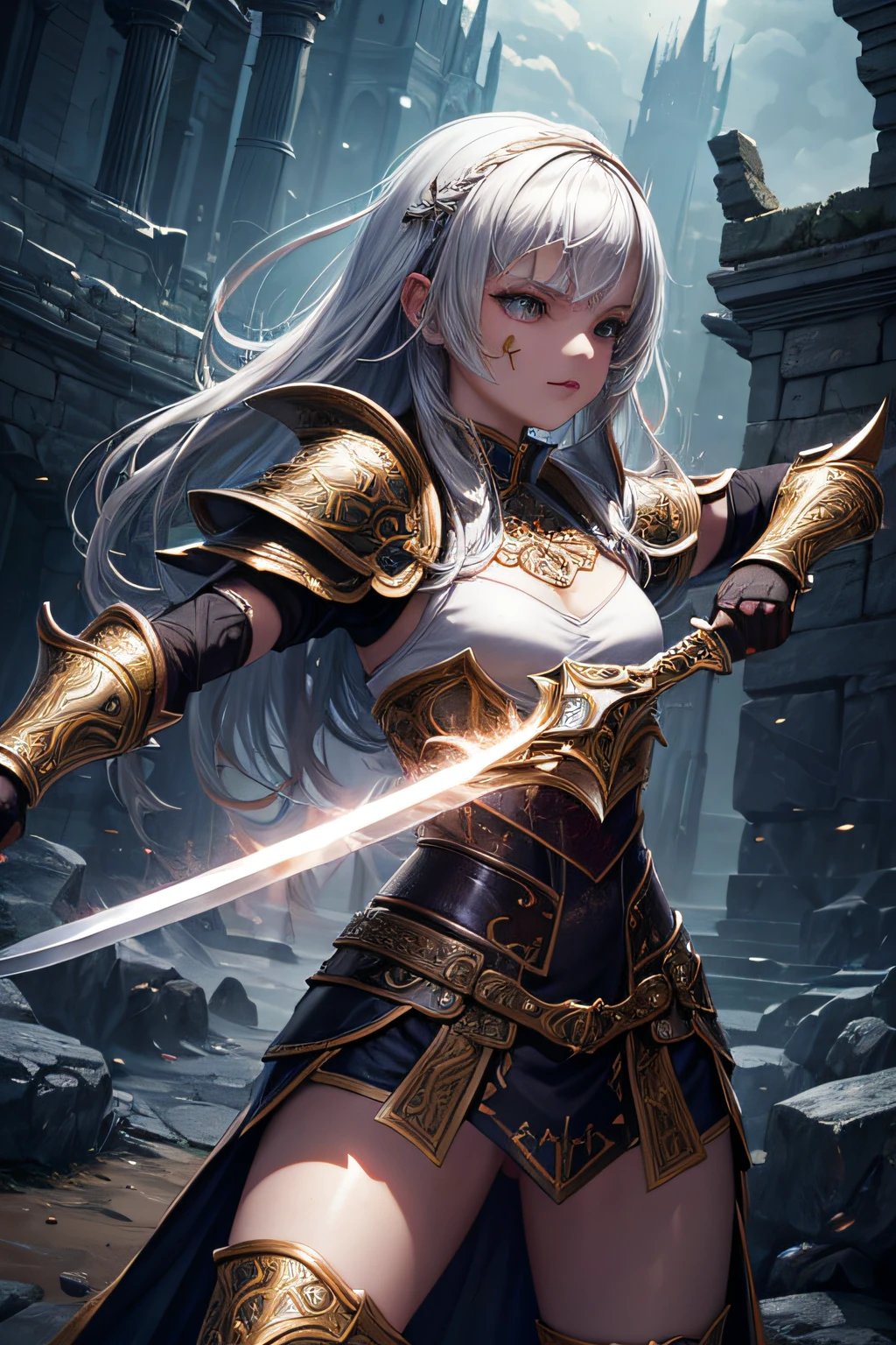 young teen girl, ancient fantasy warrior, wielding a sword, highly detailed fantasy armor, evil look,,combat stance, facepaint, bodypaint, sexi, small breasts, medieval castle background, highly detailed, vibrant appearance, creative behavior, extremly detailed, imaginative, sensual, spontaneous, highest quality, skin texture, intricate details, (cinematic lighting), RAW photo, 8k, masterpiece,best quality,ultra-detailed,very detailed illustrations,extremely detailed,intricate details,highres,super complex details,extremely detailed 8k cg wallpaper,